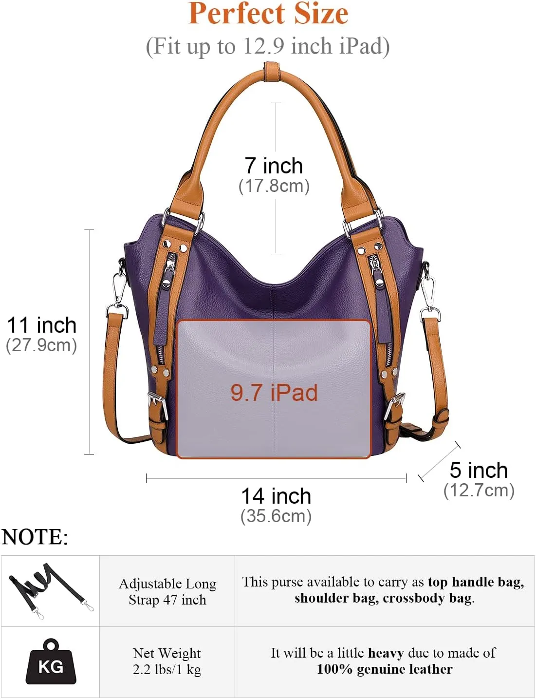 Over Earth Genuine Leather Handbags for Women Hobo Shoulder Bags Ladies Tote Bag