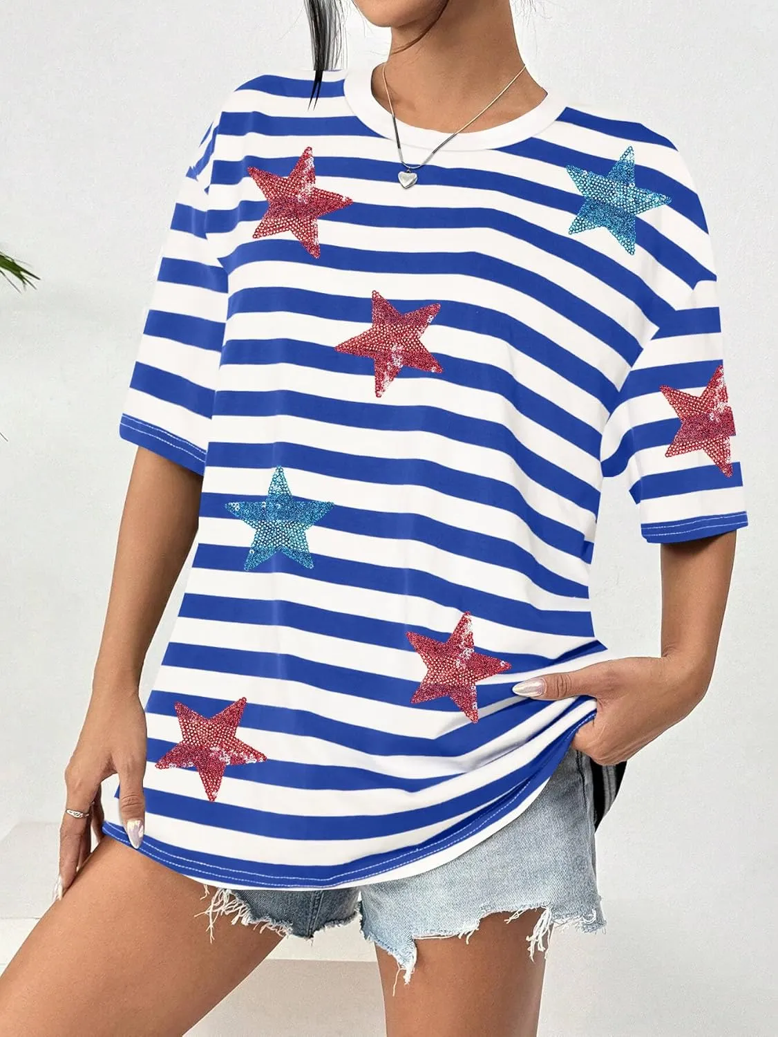 Oversized USA Star Sequin Shirt American Flag T Shirt Women 4th of July Patriotic Tee Casual Short Sleeve Tops
