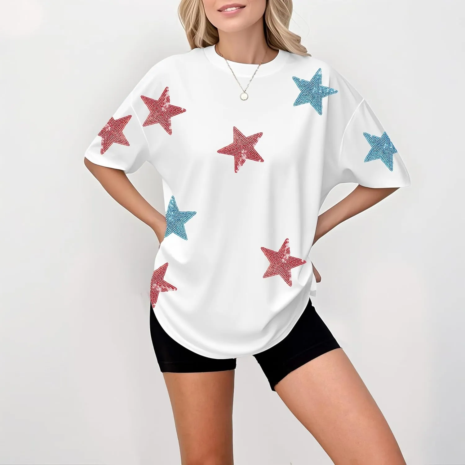Oversized USA Star Sequin Shirt American Flag T Shirt Women 4th of July Patriotic Tee Casual Short Sleeve Tops
