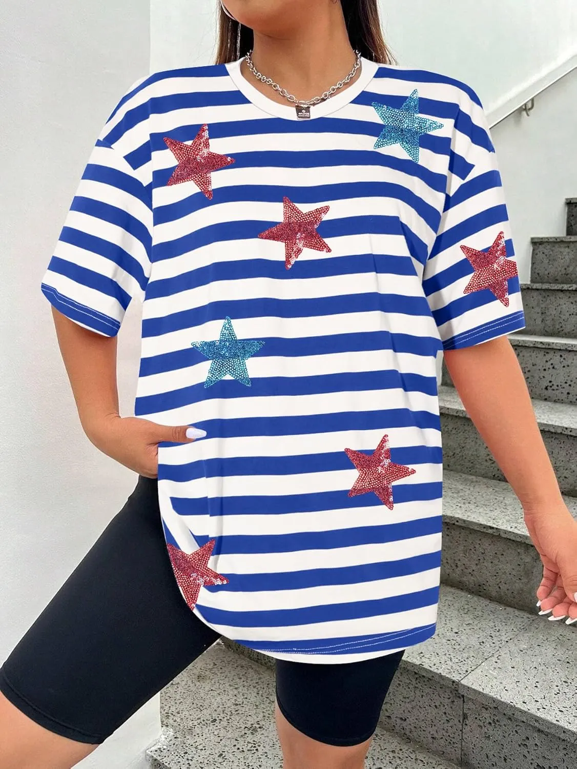 Oversized USA Star Sequin Shirt American Flag T Shirt Women 4th of July Patriotic Tee Casual Short Sleeve Tops