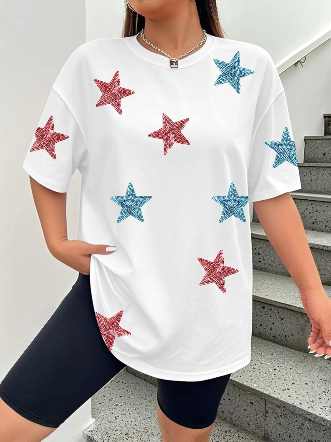 Oversized USA Star Sequin Shirt American Flag T Shirt Women 4th of July Patriotic Tee Casual Short Sleeve Tops