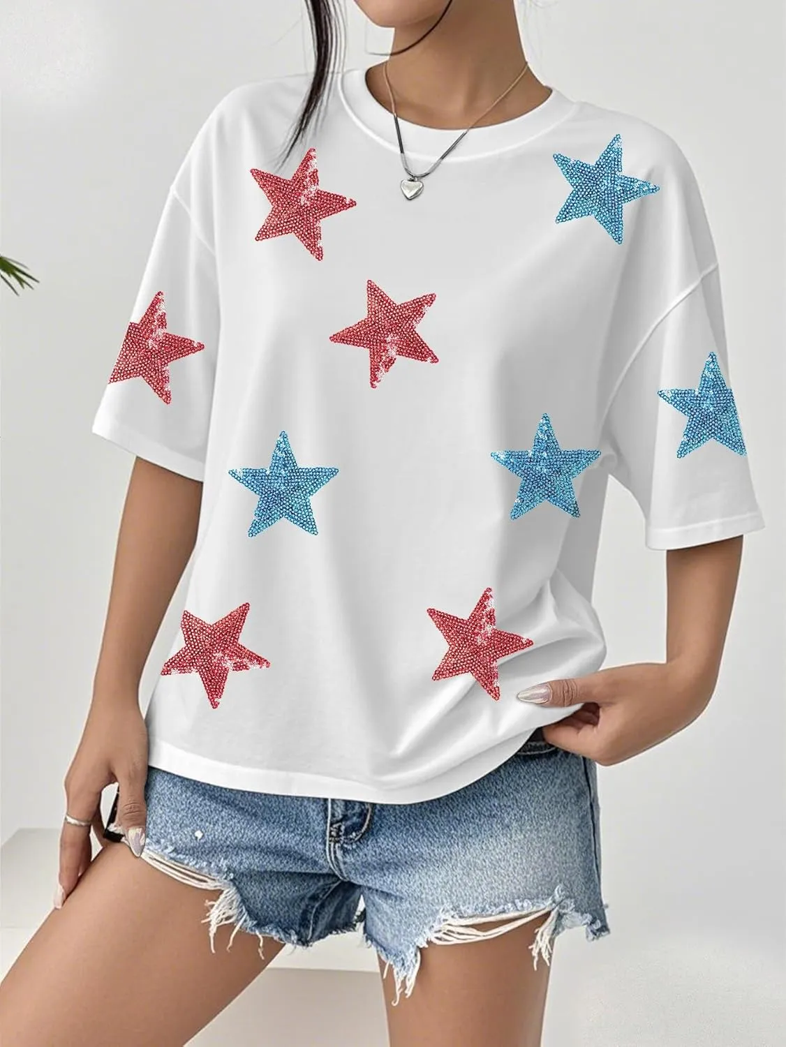 Oversized USA Star Sequin Shirt American Flag T Shirt Women 4th of July Patriotic Tee Casual Short Sleeve Tops