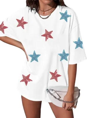 Oversized USA Star Sequin Shirt American Flag T Shirt Women 4th of July Patriotic Tee Casual Short Sleeve Tops