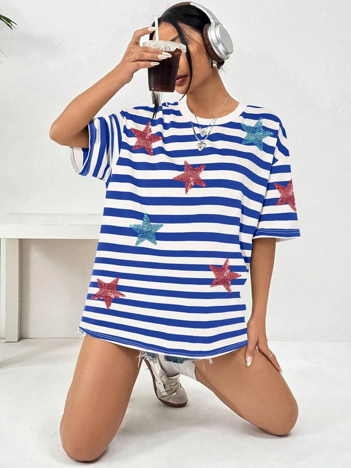 Oversized USA Star Sequin Shirt American Flag T Shirt Women 4th of July Patriotic Tee Casual Short Sleeve Tops