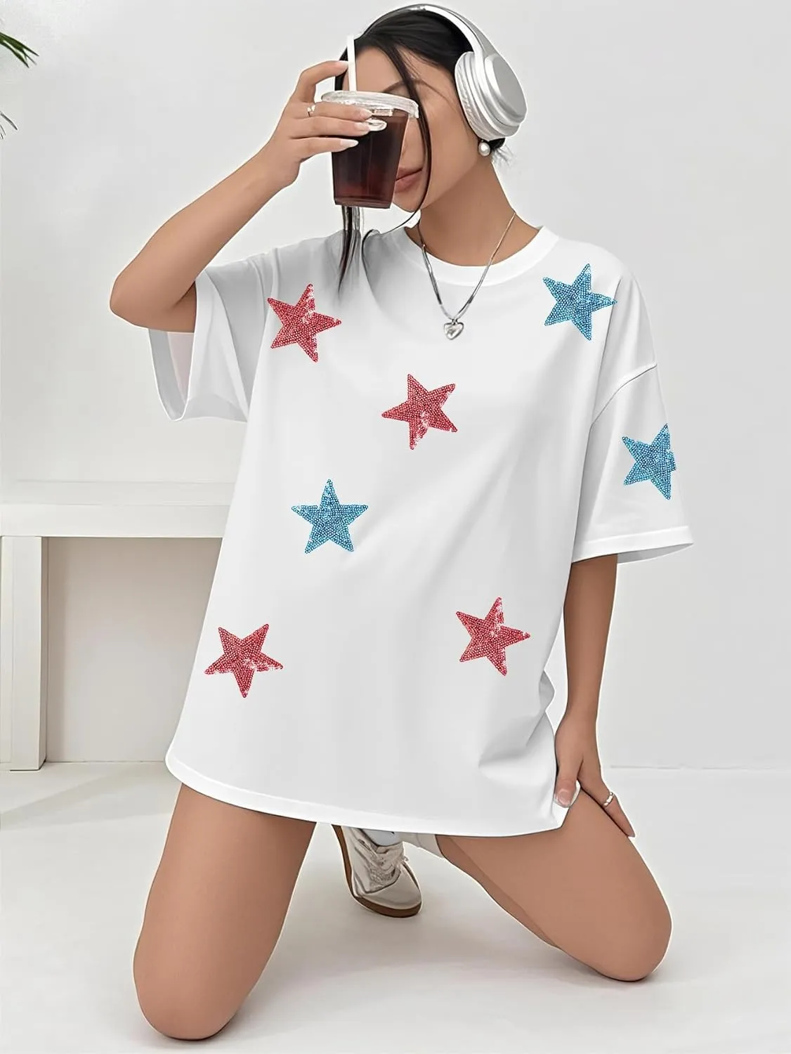 Oversized USA Star Sequin Shirt American Flag T Shirt Women 4th of July Patriotic Tee Casual Short Sleeve Tops