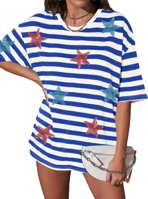 Oversized USA Star Sequin Shirt American Flag T Shirt Women 4th of July Patriotic Tee Casual Short Sleeve Tops