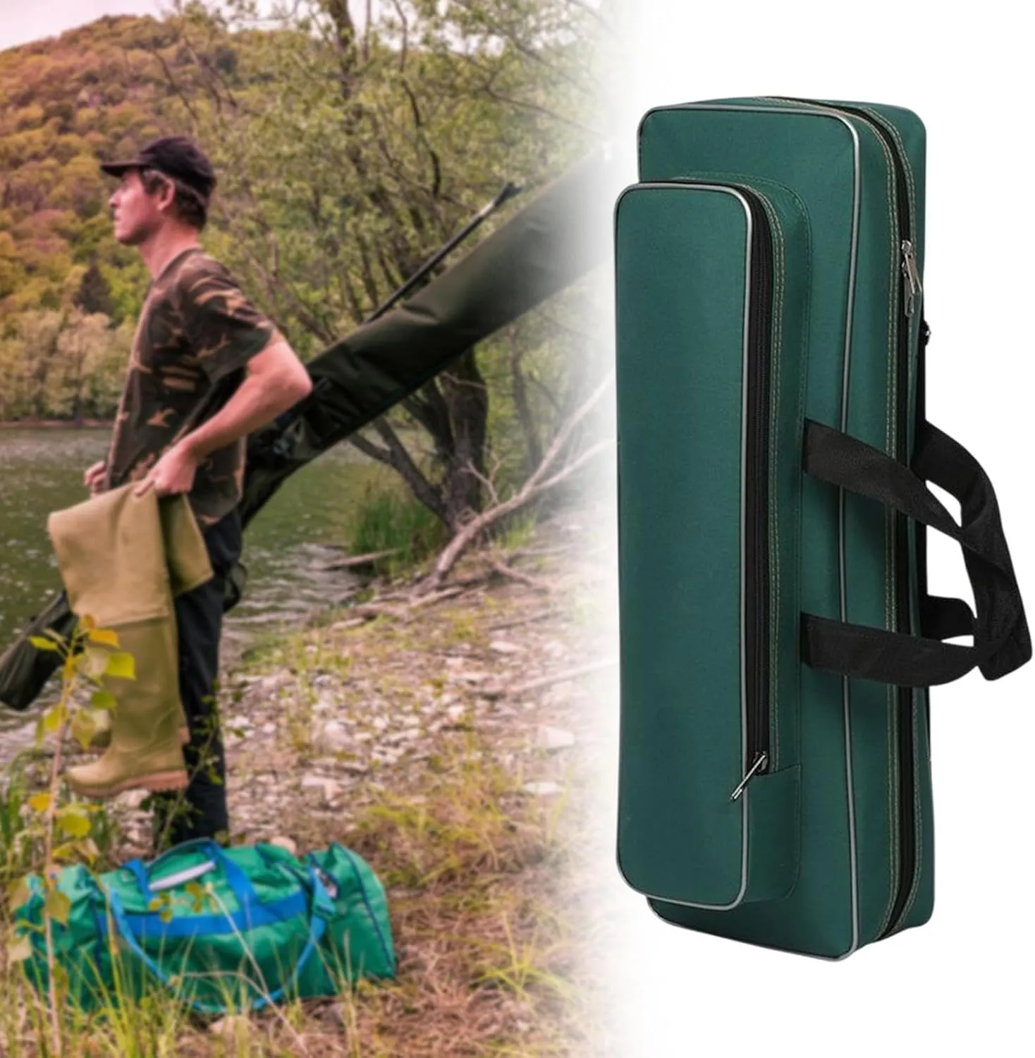 Oxford Cloth Fishing Bag Rod Carrier Scratch Resistant Portable Water Resistant Storage Carry Case Shoulders Bag for Outdoor, Dark Green, 60cm