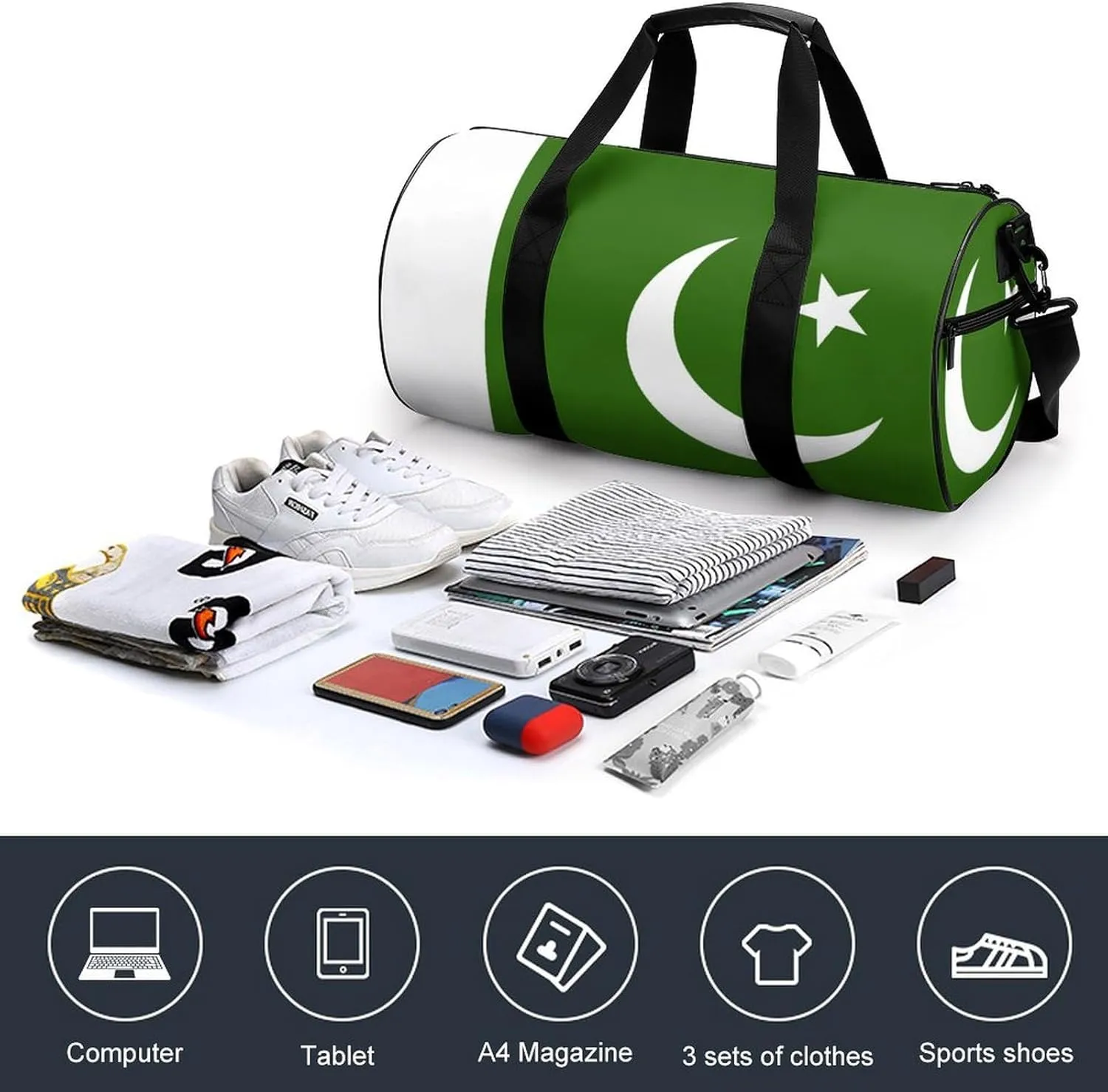 Pakistan Flag Travel Gym Duffel Bag for Women Men Dry Wet Separation Carry On Weekender