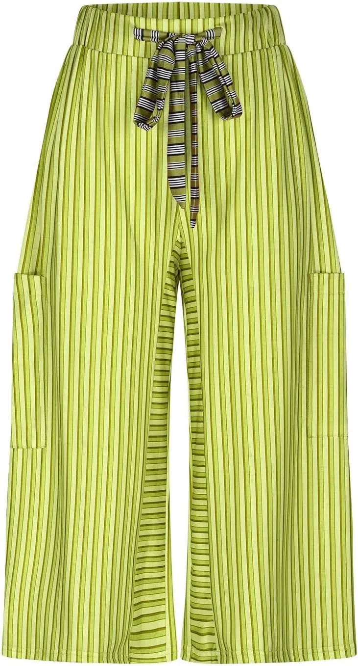 Palazzo Pants for Women Drawstring Stripe Wide Leg Trousers Casual Low Rise Loose Lounge Pants with Pockets