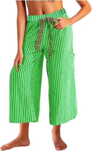 Palazzo Pants for Women Drawstring Stripe Wide Leg Trousers Casual Low Rise Loose Lounge Pants with Pockets