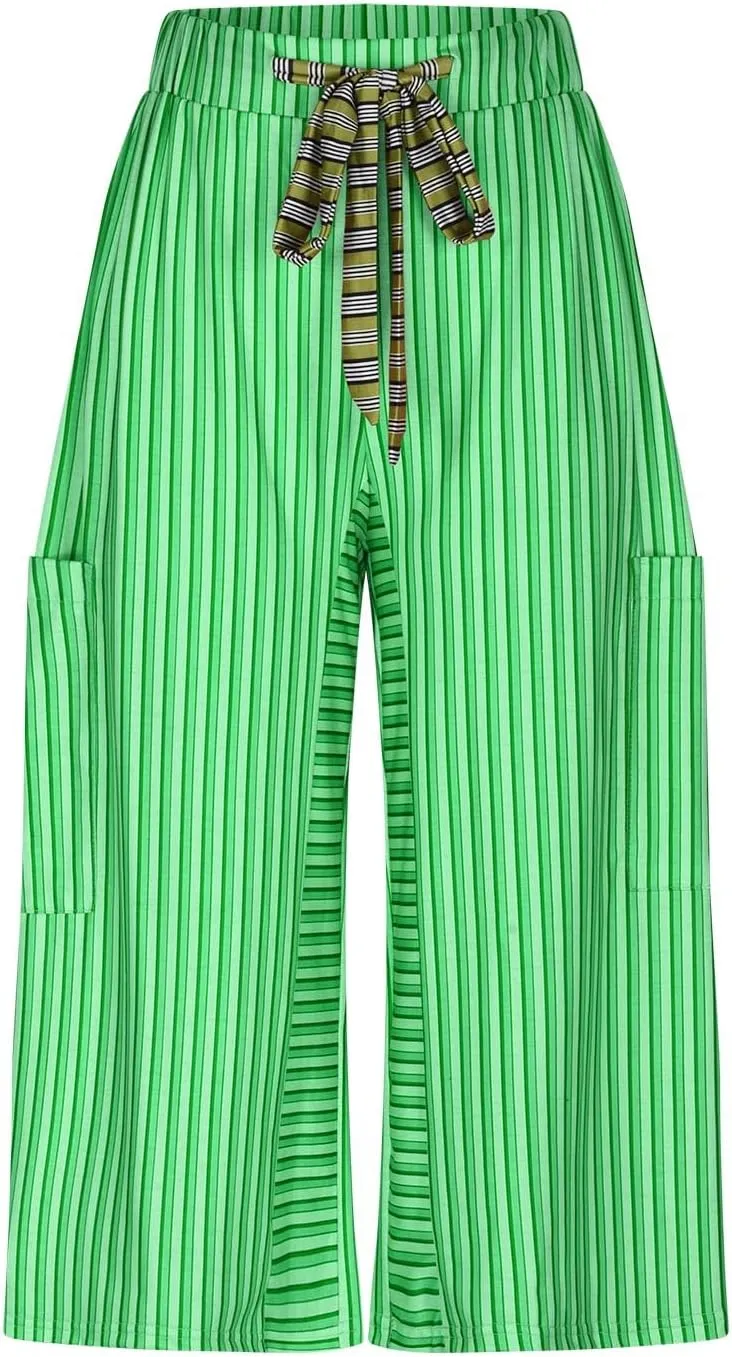 Palazzo Pants for Women Drawstring Stripe Wide Leg Trousers Casual Low Rise Loose Lounge Pants with Pockets