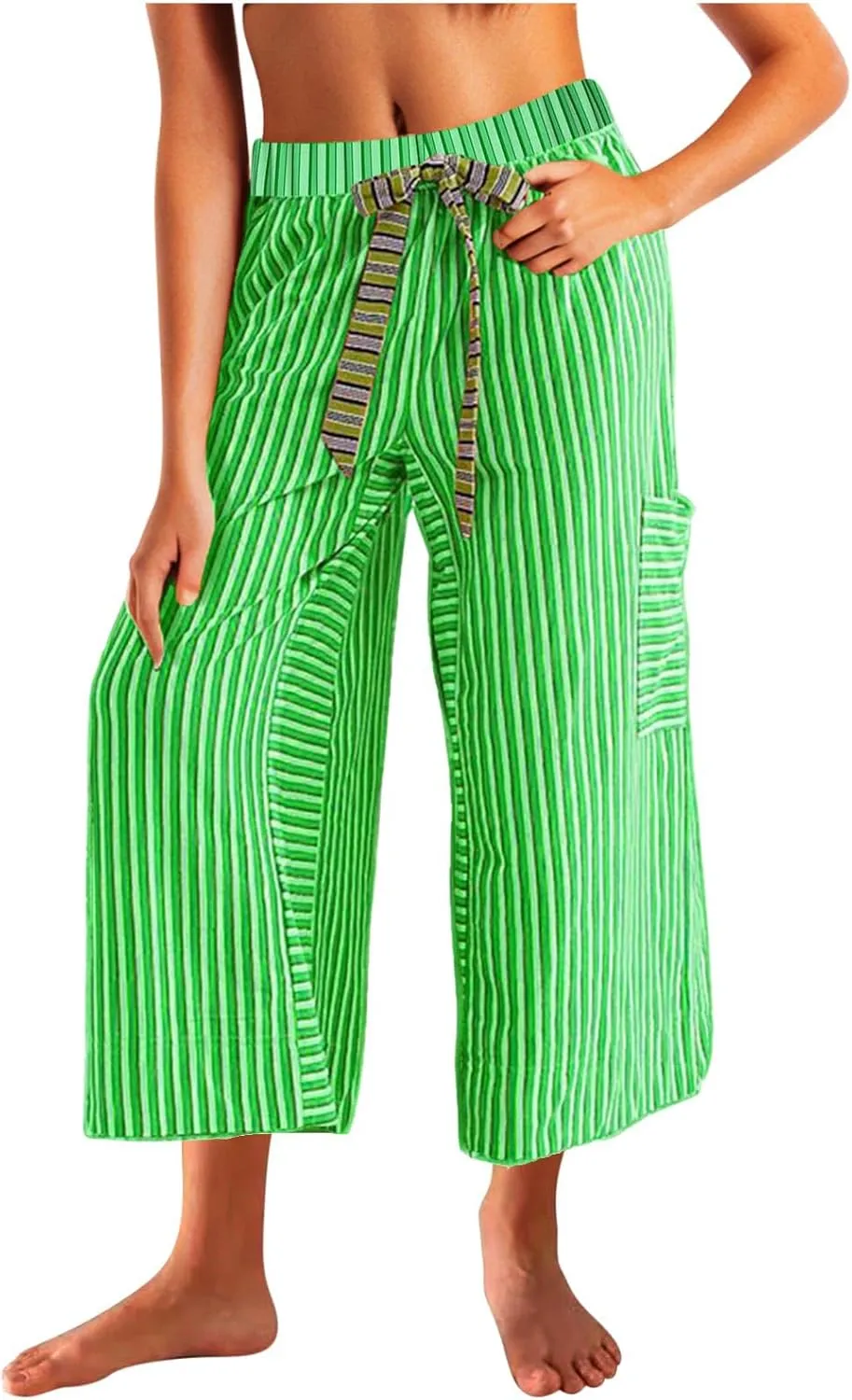 Palazzo Pants for Women Drawstring Stripe Wide Leg Trousers Casual Low Rise Loose Lounge Pants with Pockets
