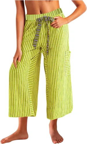 Palazzo Pants for Women Drawstring Stripe Wide Leg Trousers Casual Low Rise Loose Lounge Pants with Pockets