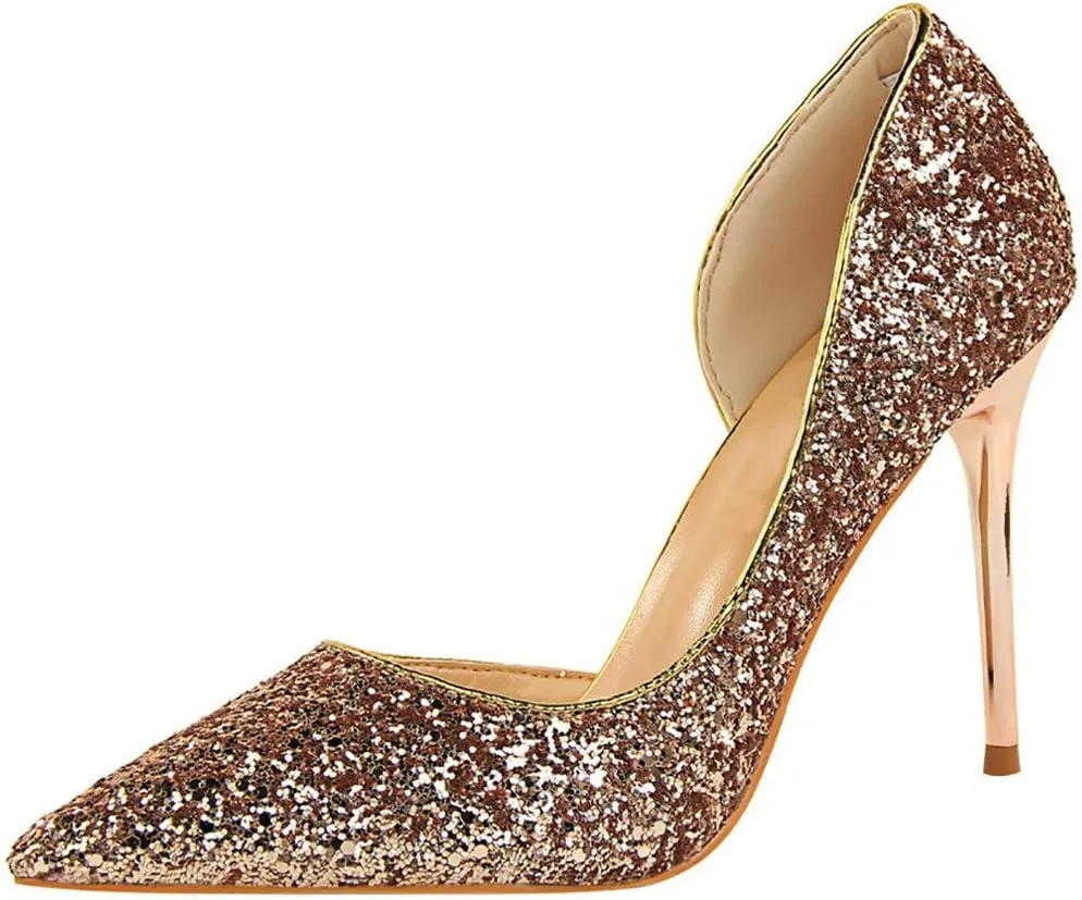 Parisuit Womens Stiletto High Heels Glitter Pumps Closed Pointed Toe Bridal Wedding Party Dress Sequin Sexy Shoes