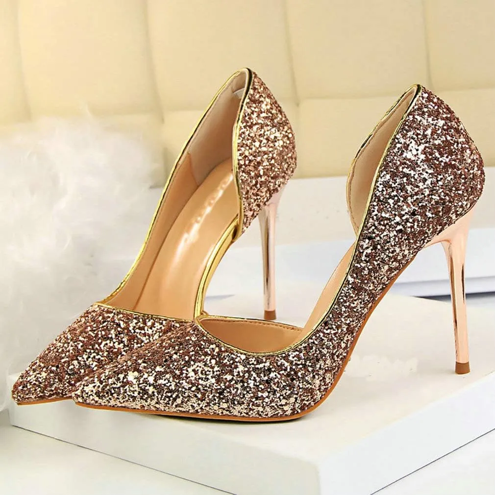 Parisuit Womens Stiletto High Heels Glitter Pumps Closed Pointed Toe Bridal Wedding Party Dress Sequin Sexy Shoes