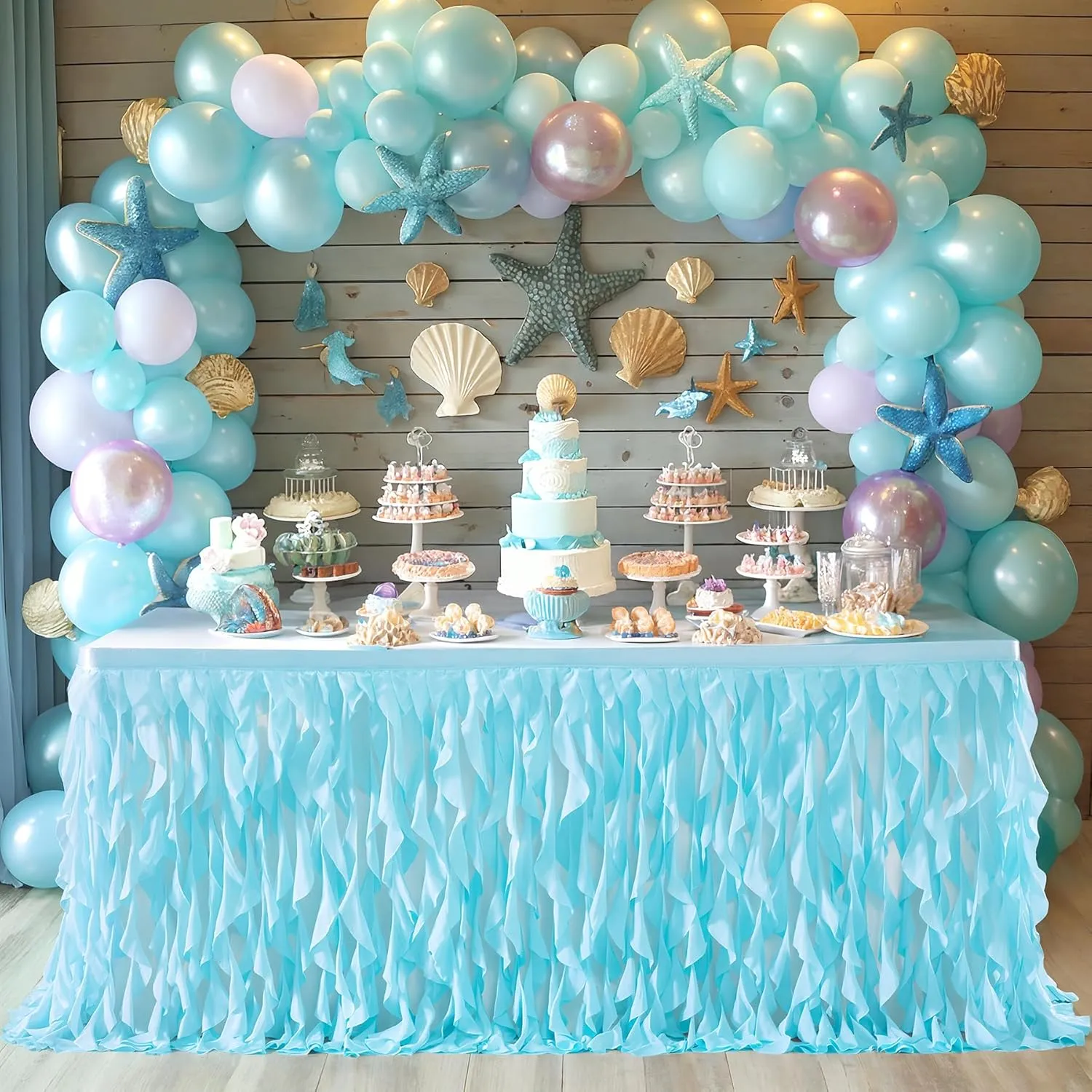 Partisky Aqua Blue Tulle Curly Willow Table Skirt for Rectangle Table 6ft, Ruffle Tutu Table Cloth for Boys Baby Shower,Birthday Party Candy Cake Tables