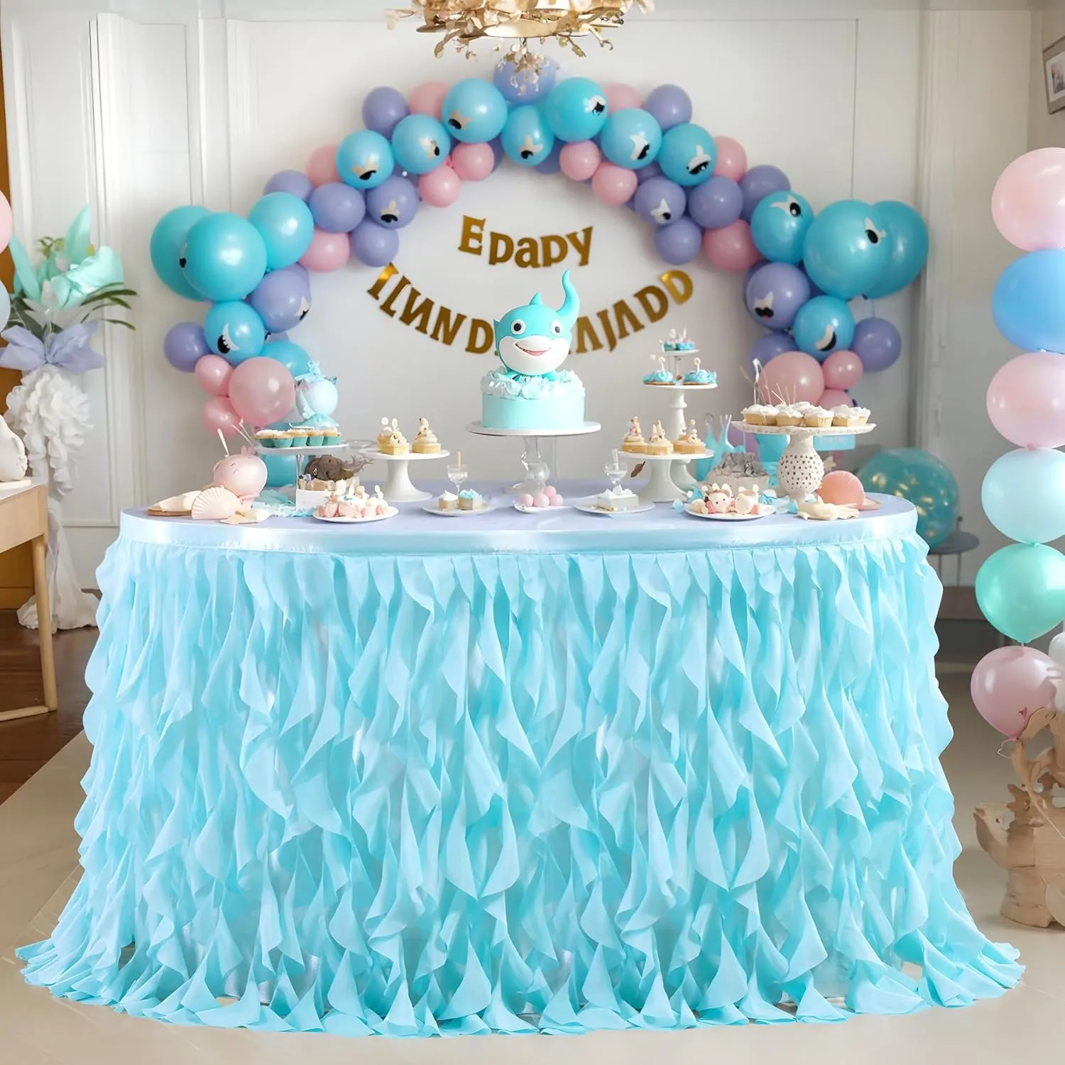Partisky Aqua Blue Tulle Curly Willow Table Skirt for Rectangle Table 6ft, Ruffle Tutu Table Cloth for Boys Baby Shower,Birthday Party Candy Cake Tables