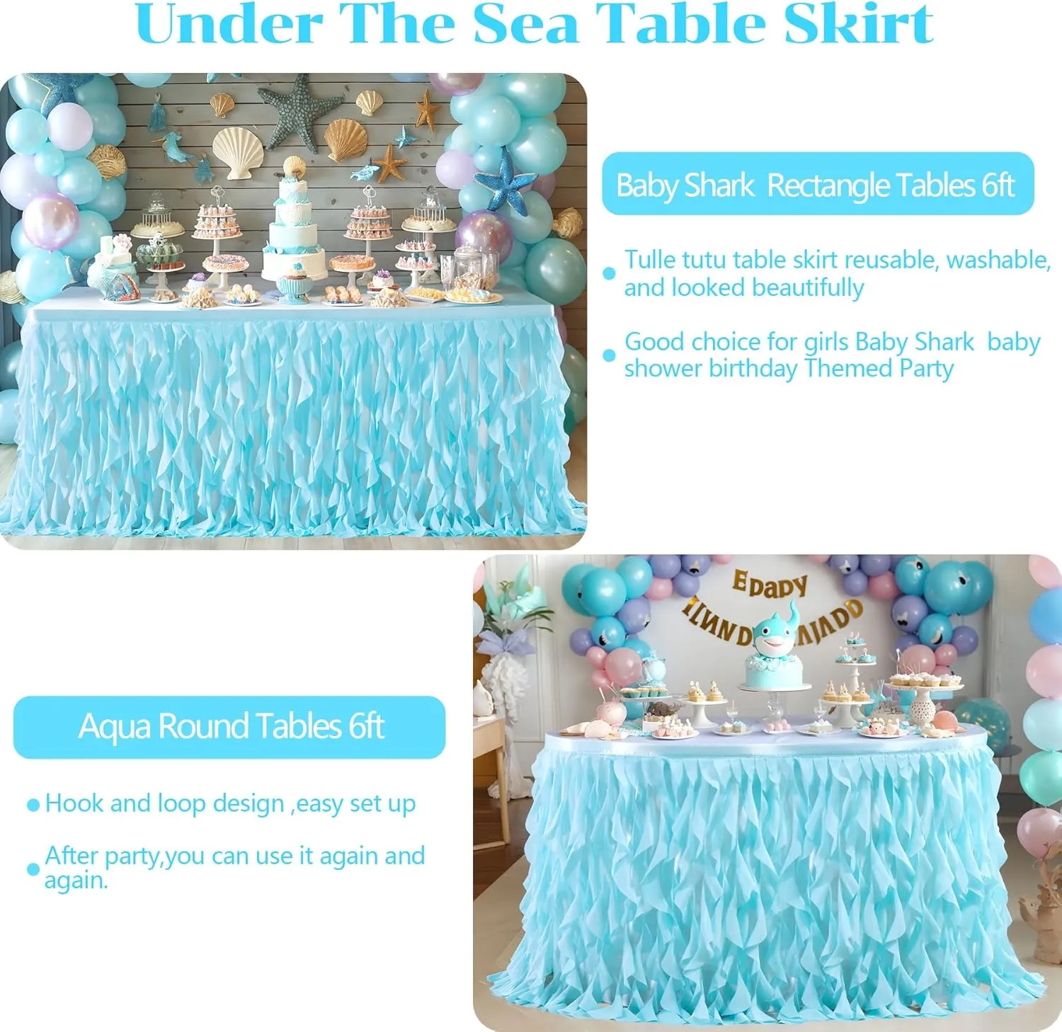 Partisky Aqua Blue Tulle Curly Willow Table Skirt for Rectangle Table 6ft, Ruffle Tutu Table Cloth for Boys Baby Shower,Birthday Party Candy Cake Tables