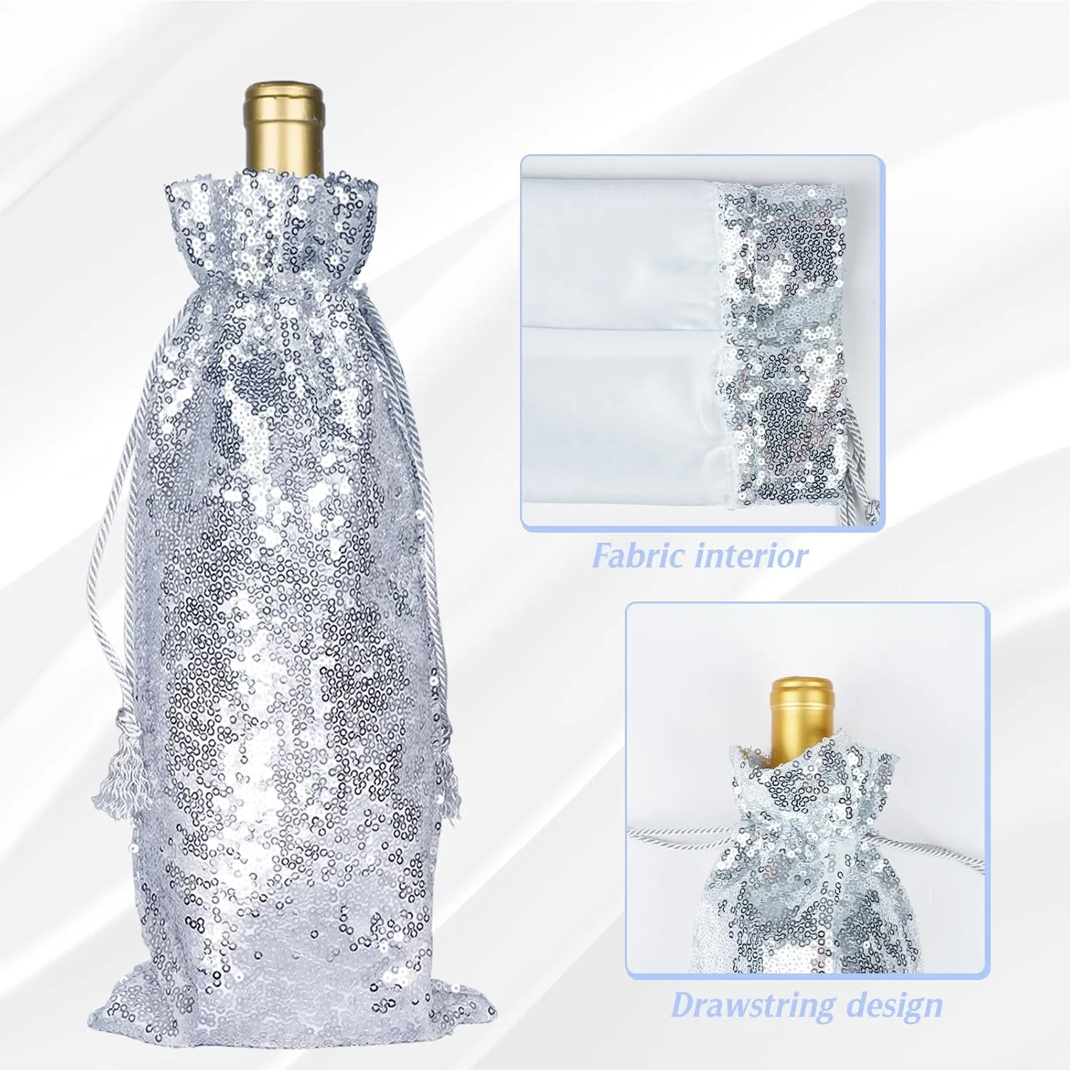 PartyDelight Silver Sequin Wine Gift Bag 4 Pack, Sparkly Beautiful and Reusable for Travel, Wedding, Birthday, Housewarming and Dinner Party.