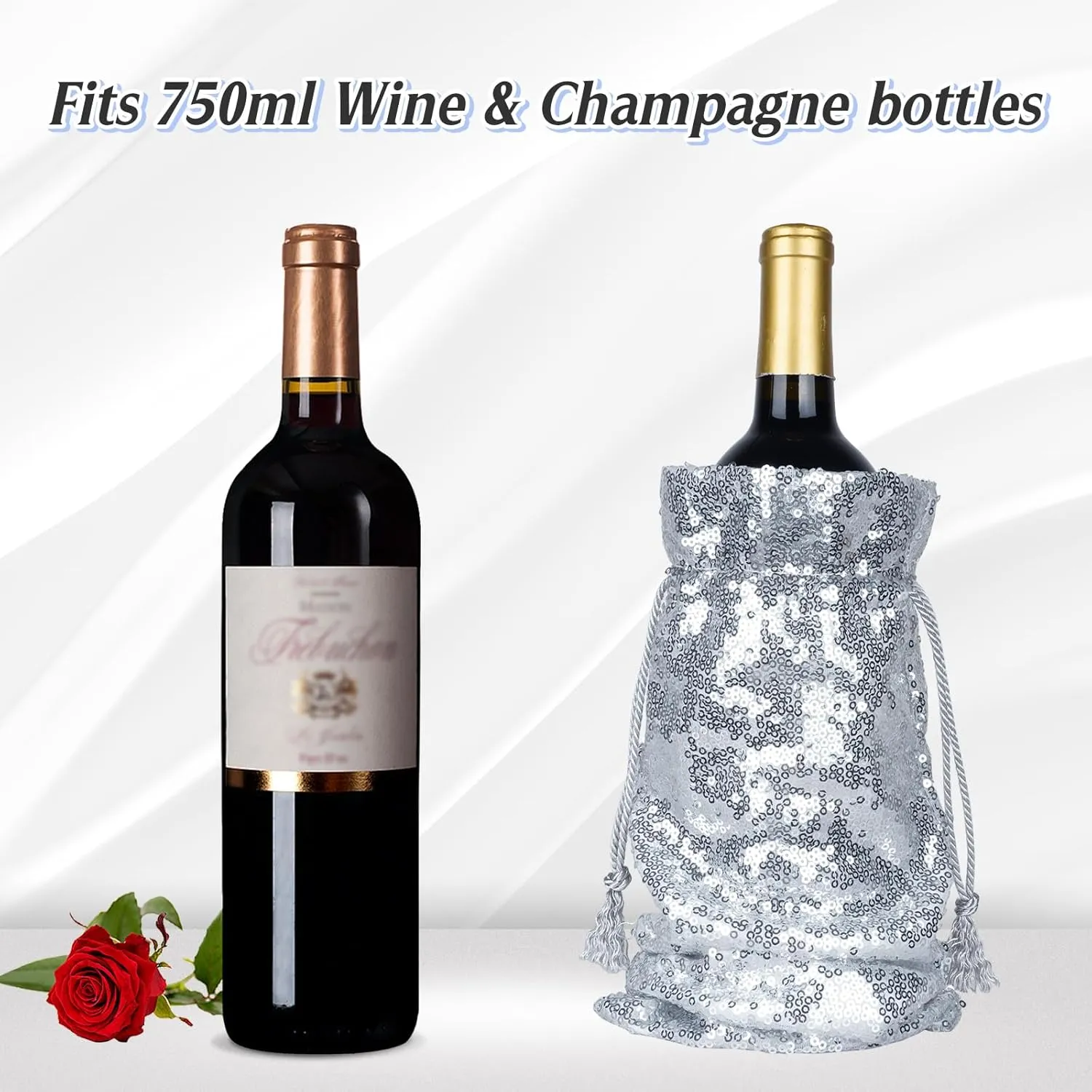 PartyDelight Silver Sequin Wine Gift Bag 4 Pack, Sparkly Beautiful and Reusable for Travel, Wedding, Birthday, Housewarming and Dinner Party.