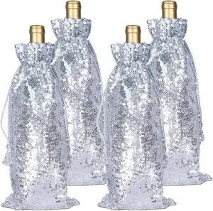 PartyDelight Silver Sequin Wine Gift Bag 4 Pack, Sparkly Beautiful and Reusable for Travel, Wedding, Birthday, Housewarming and Dinner Party.