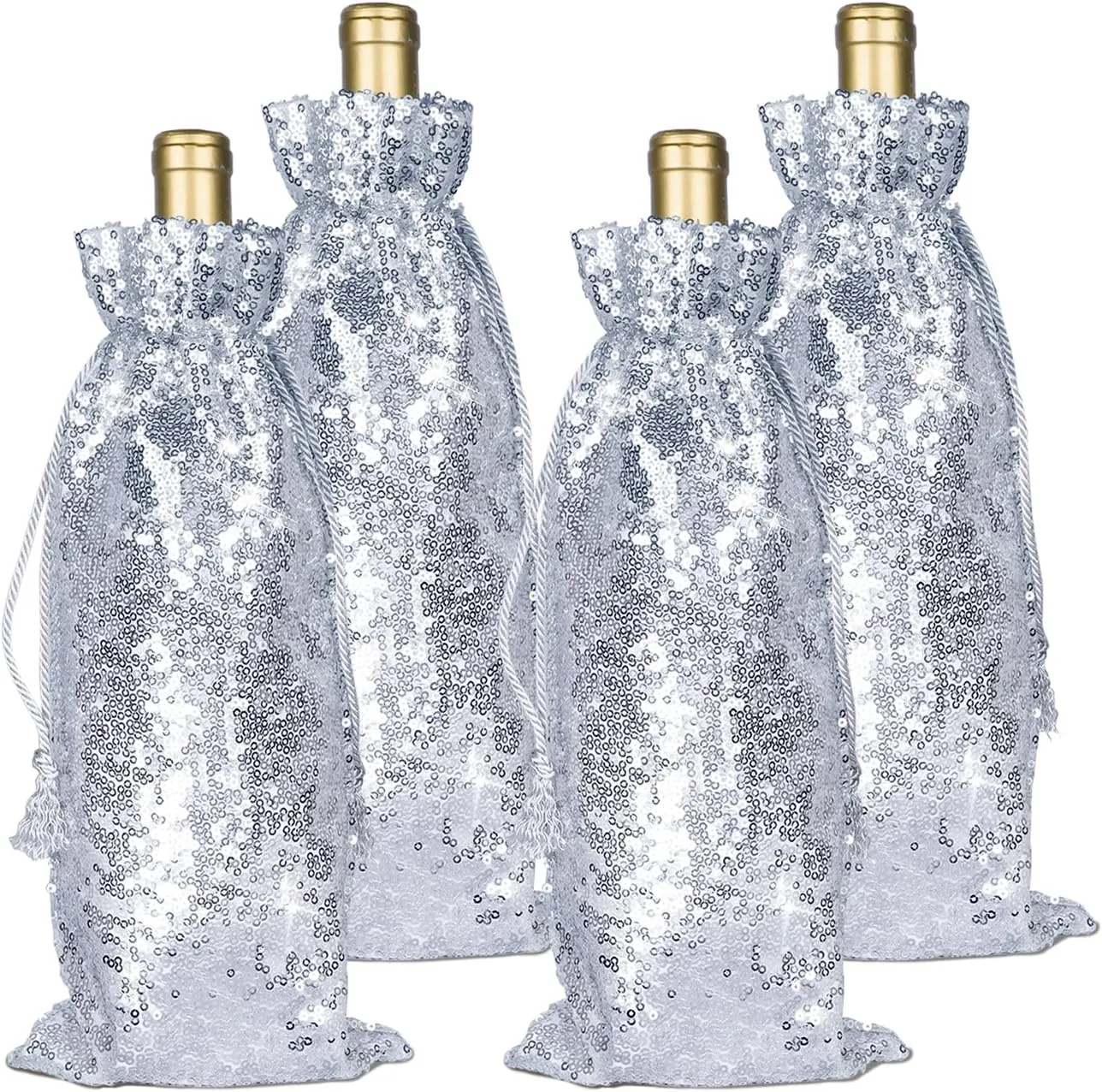 PartyDelight Silver Sequin Wine Gift Bag 4 Pack, Sparkly Beautiful and Reusable for Travel, Wedding, Birthday, Housewarming and Dinner Party.