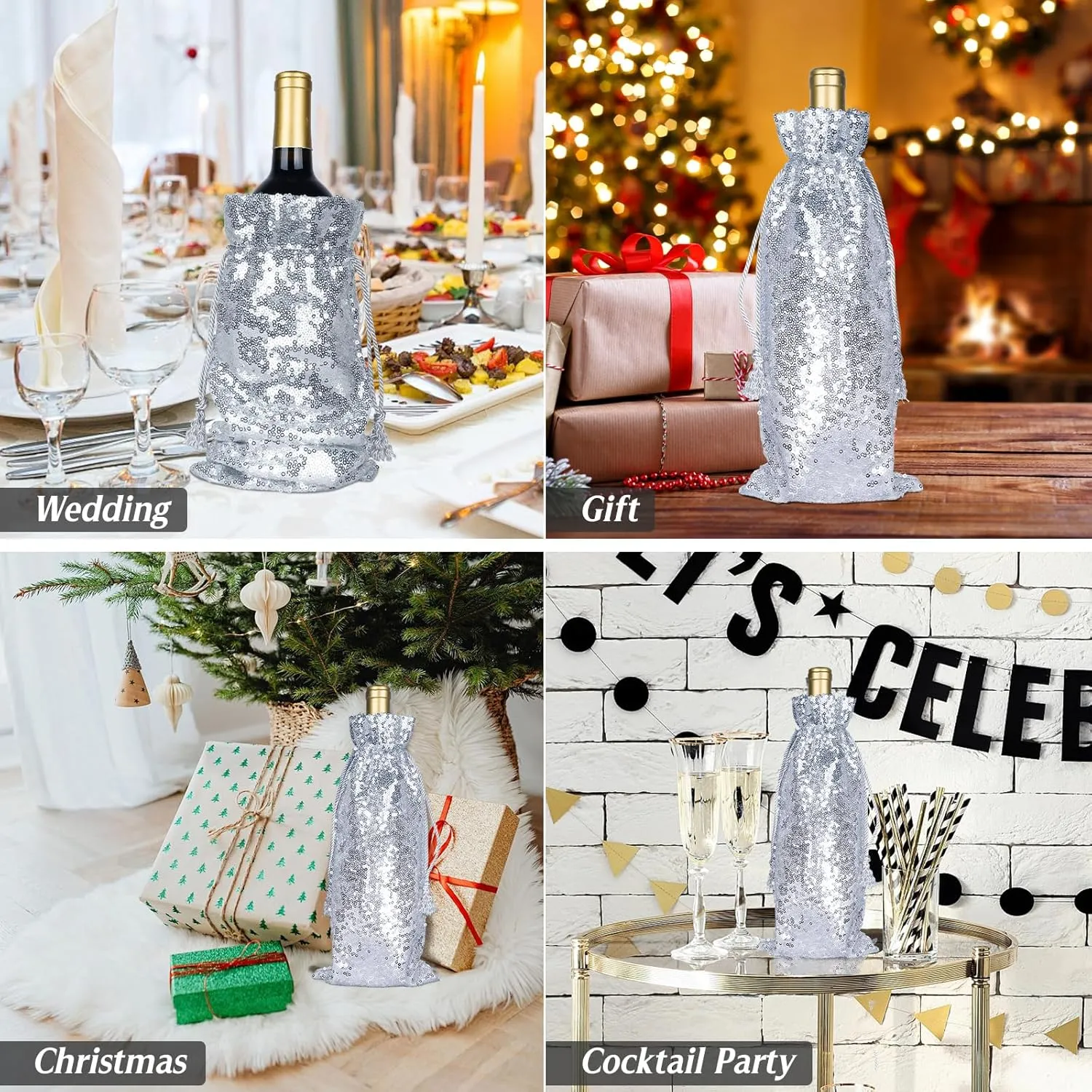 PartyDelight Silver Sequin Wine Gift Bag 4 Pack, Sparkly Beautiful and Reusable for Travel, Wedding, Birthday, Housewarming and Dinner Party.