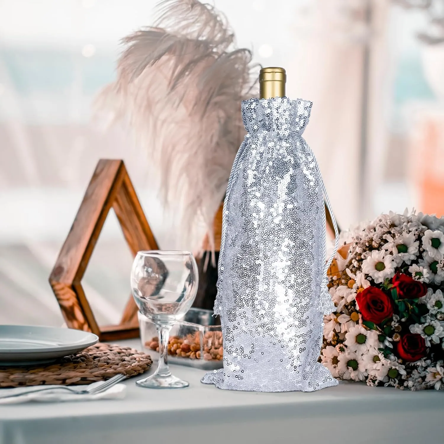 PartyDelight Silver Sequin Wine Gift Bag 4 Pack, Sparkly Beautiful and Reusable for Travel, Wedding, Birthday, Housewarming and Dinner Party.
