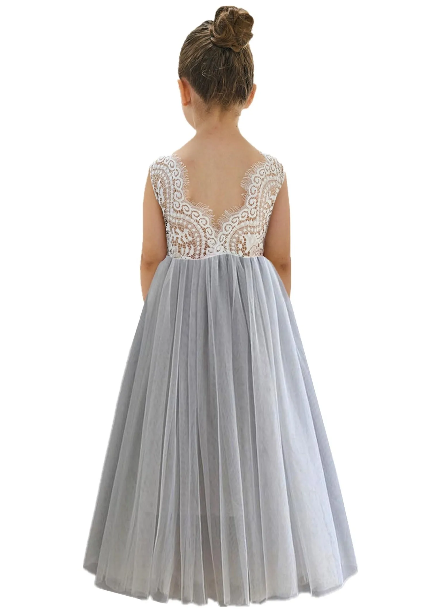 Peony Lace Flower Girl Dress in Light Gray