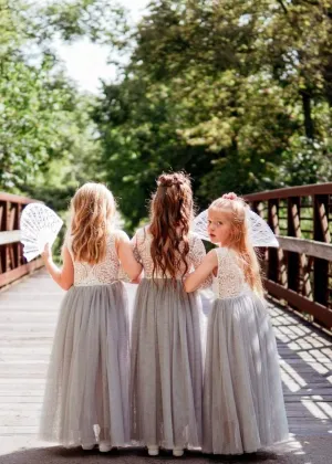 Peony Lace Flower Girl Dress in Light Gray