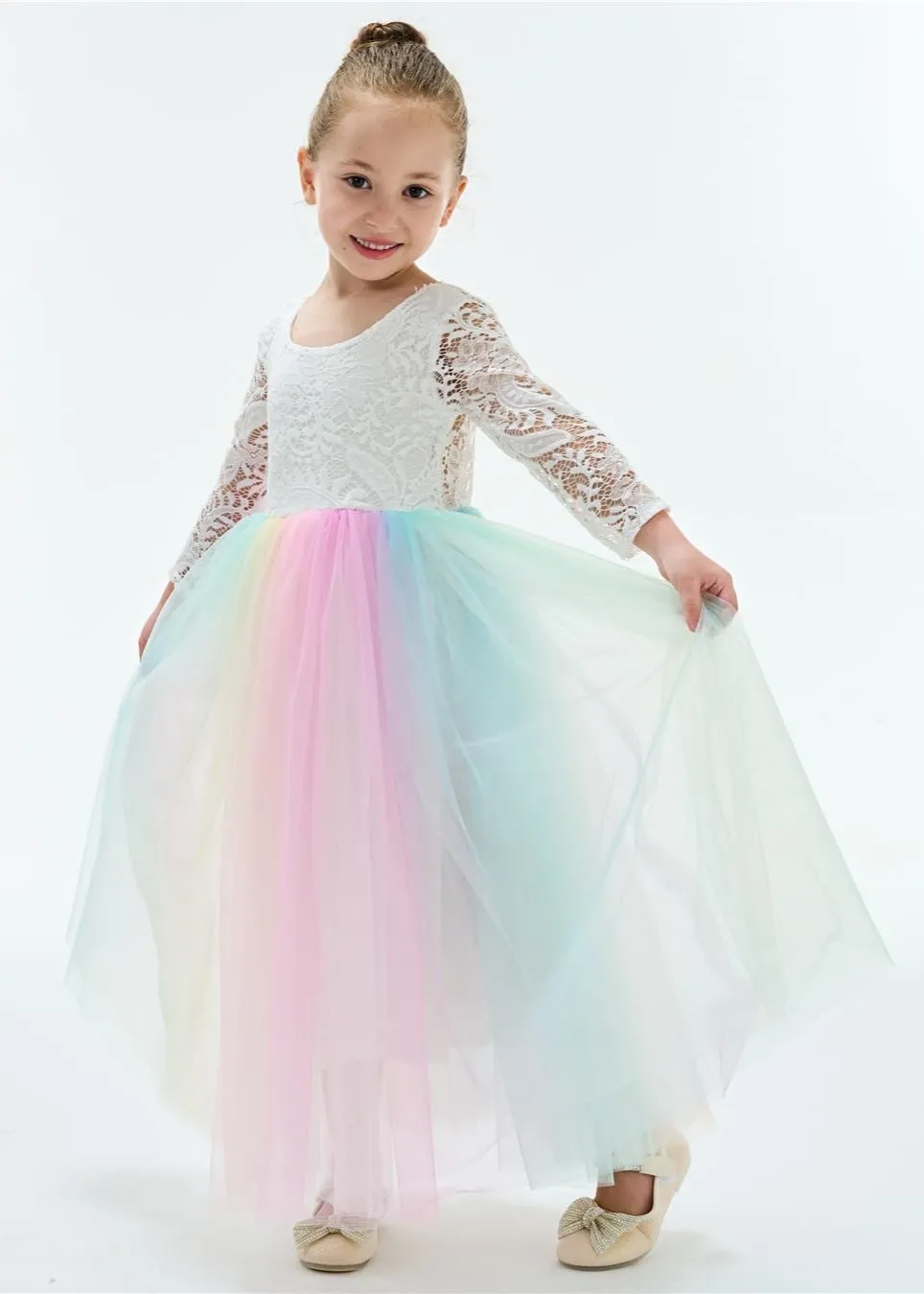 Peony Lace Flower Girl Dress in Rainbow
