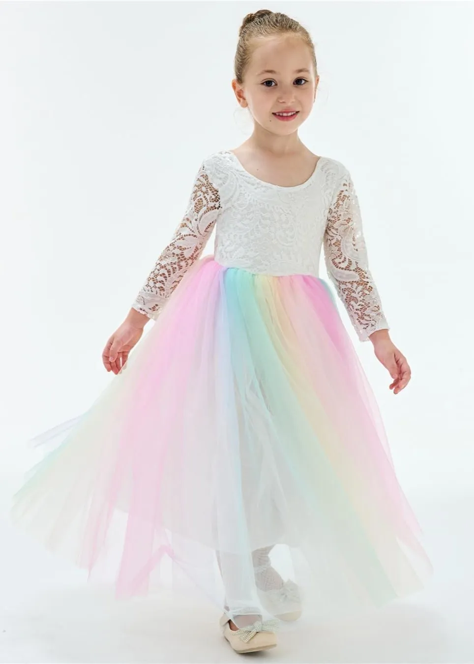 Peony Lace Flower Girl Dress in Rainbow