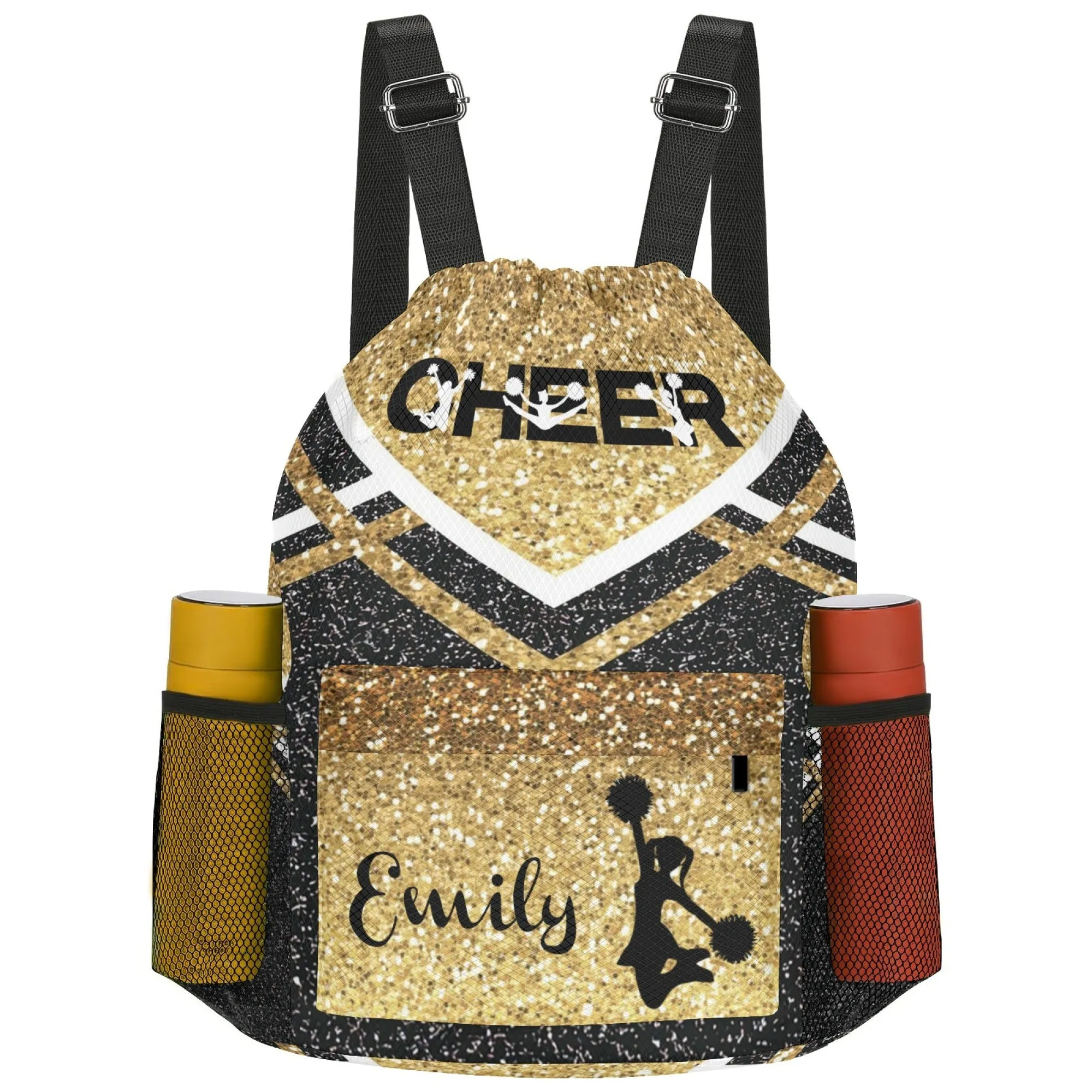 Personalized Cheer Cheerleader Blue Gold Grey Orange Purple Red All Over Print Drawstring Name Backpacks