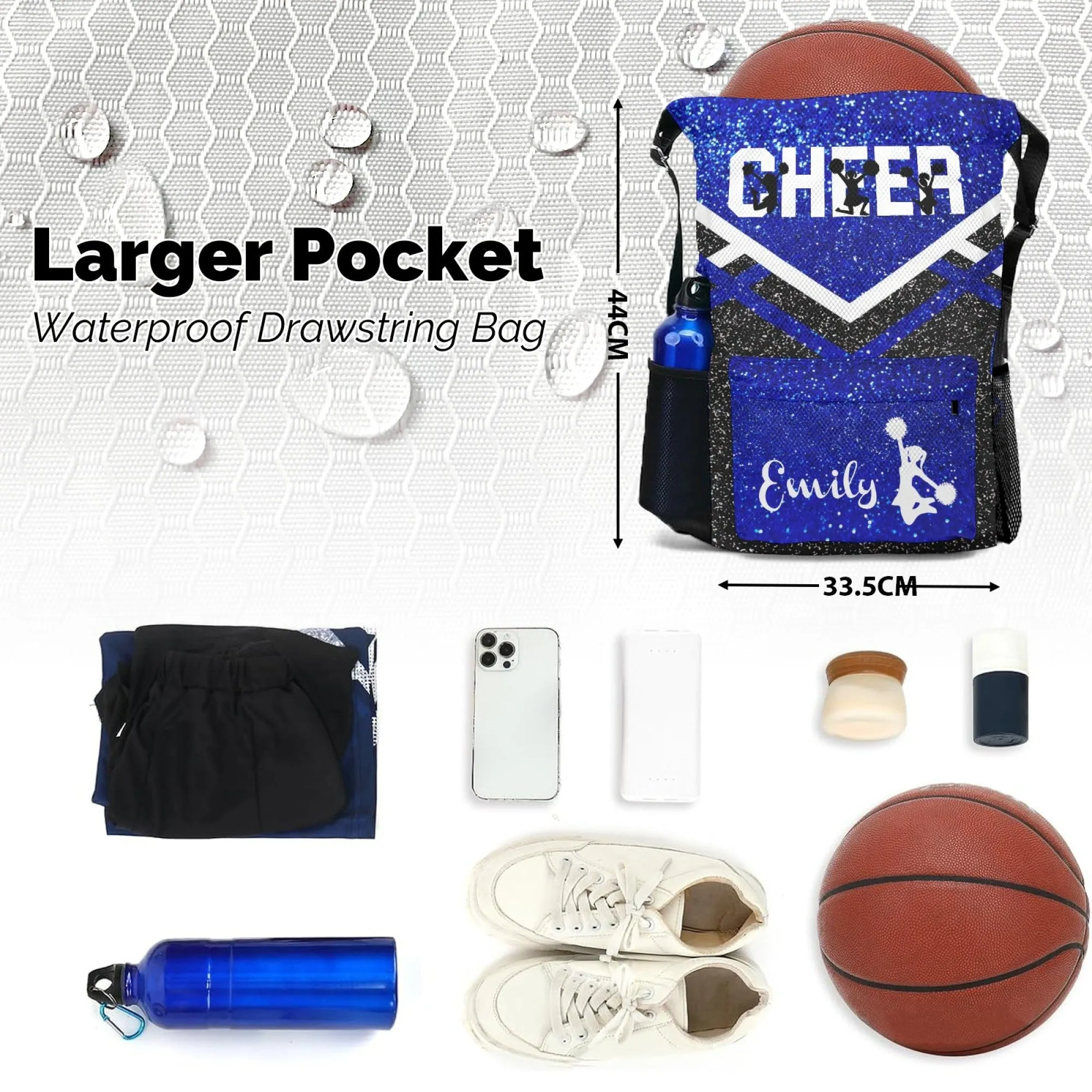Personalized Cheer Cheerleader Blue Gold Grey Orange Purple Red All Over Print Drawstring Name Backpacks