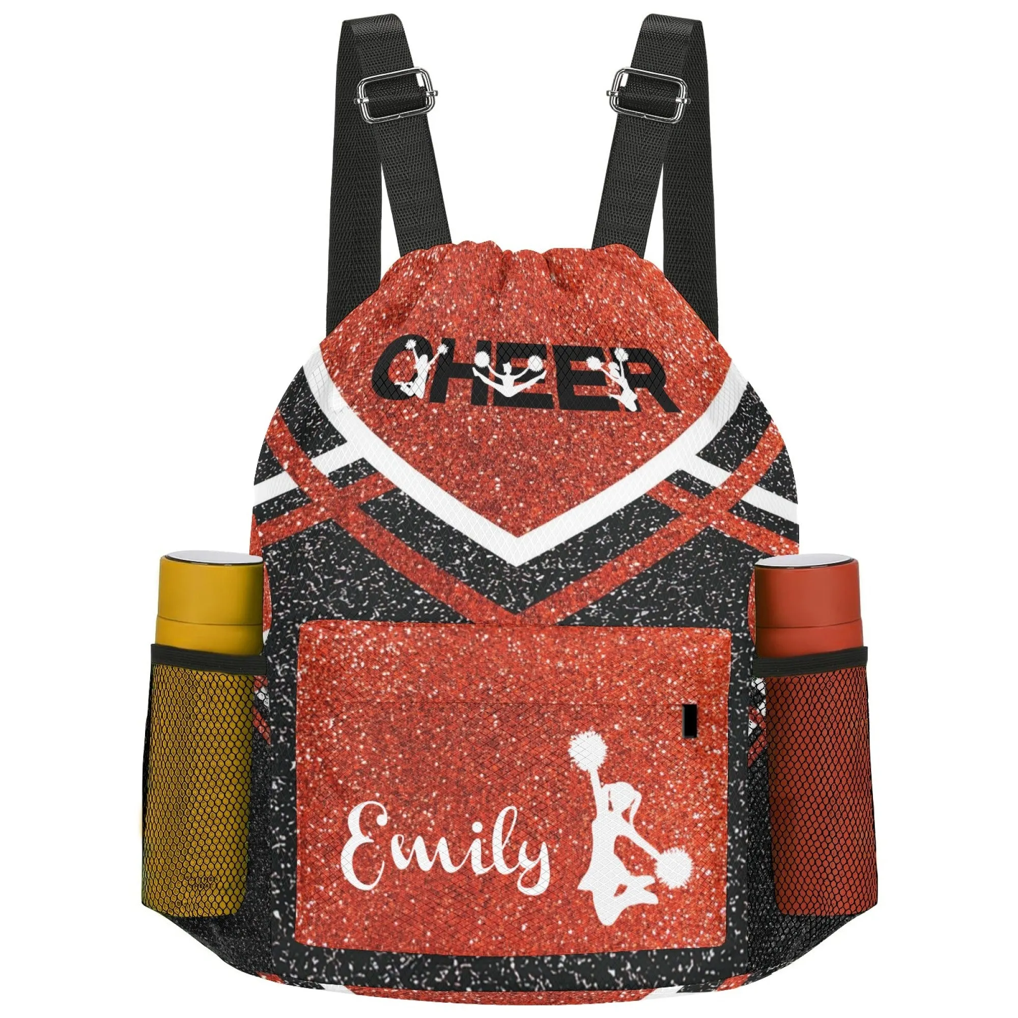 Personalized Cheer Cheerleader Blue Gold Grey Orange Purple Red All Over Print Drawstring Name Backpacks