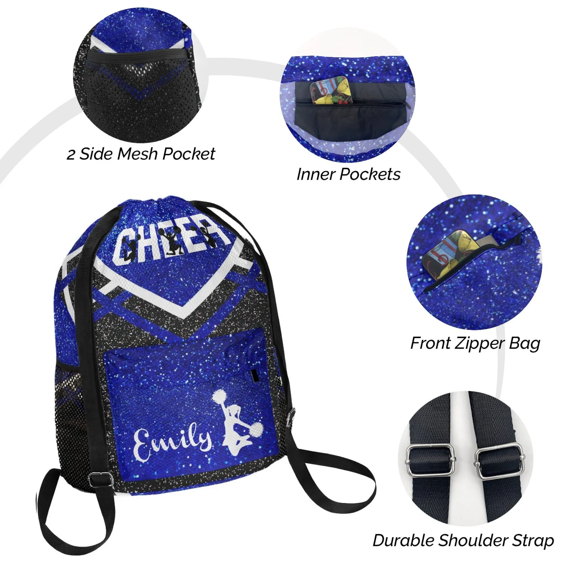 Personalized Cheer Cheerleader Blue Gold Grey Orange Purple Red All Over Print Drawstring Name Backpacks
