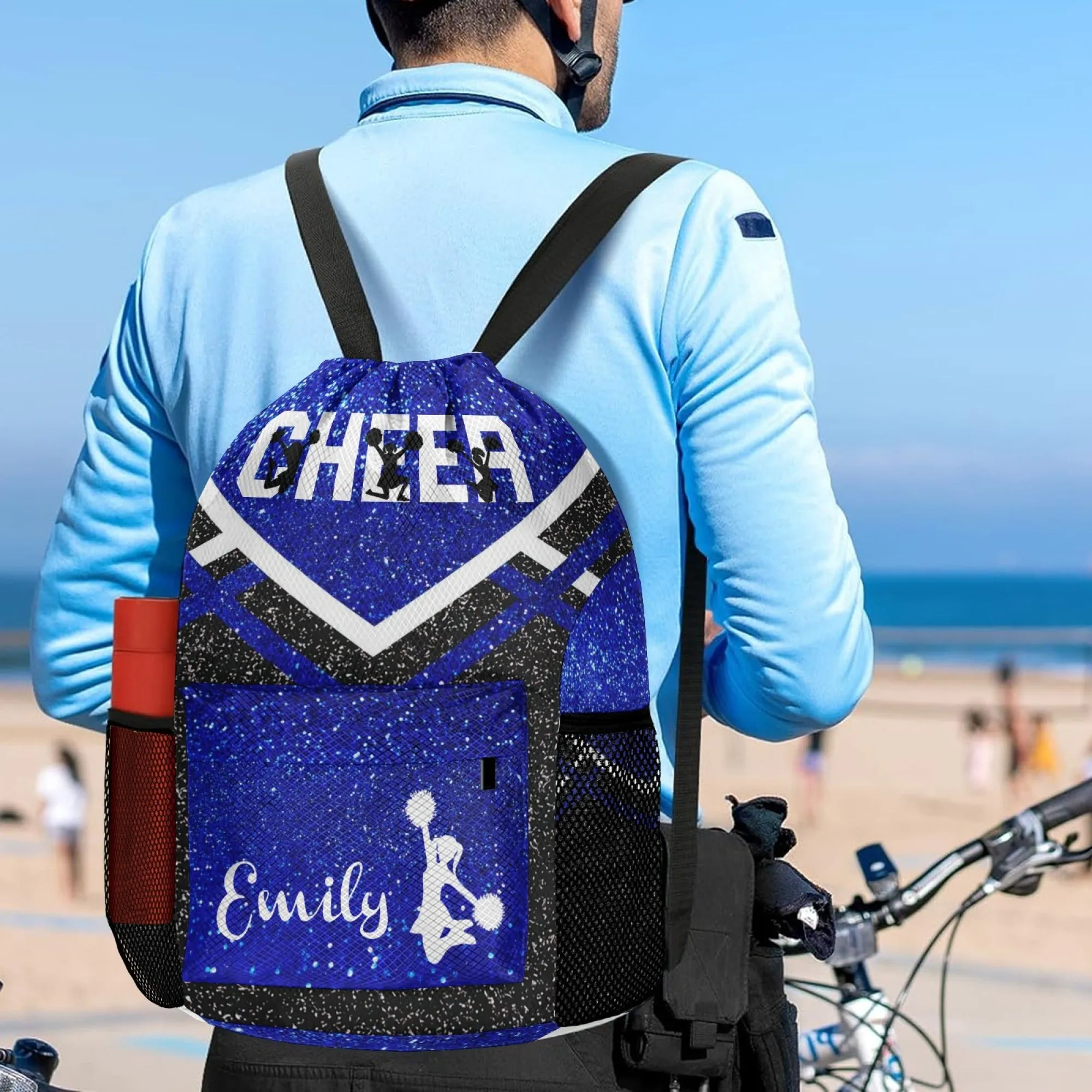 Personalized Cheer Cheerleader Blue Gold Grey Orange Purple Red All Over Print Drawstring Name Backpacks