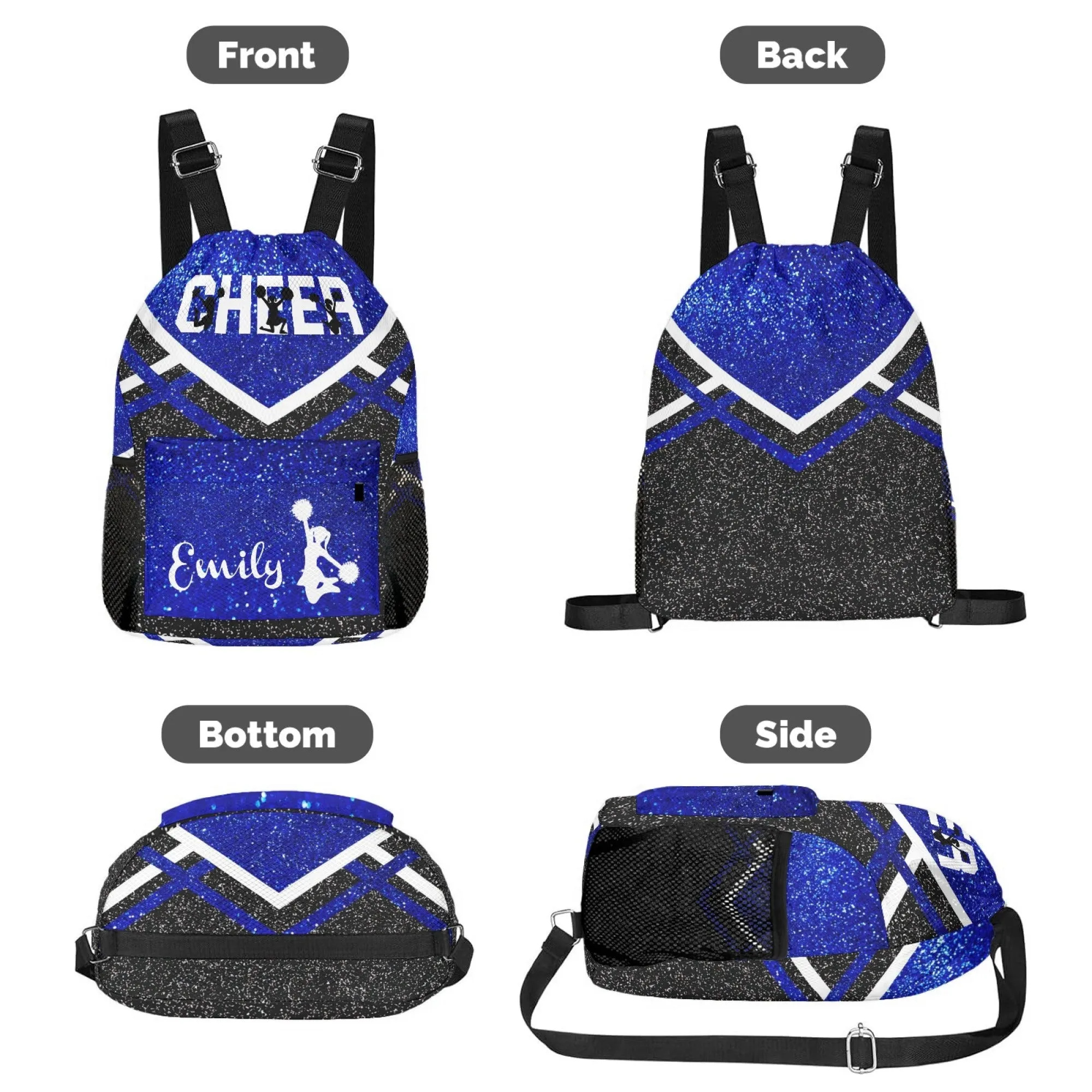 Personalized Cheer Cheerleader Blue Gold Grey Orange Purple Red All Over Print Drawstring Name Backpacks