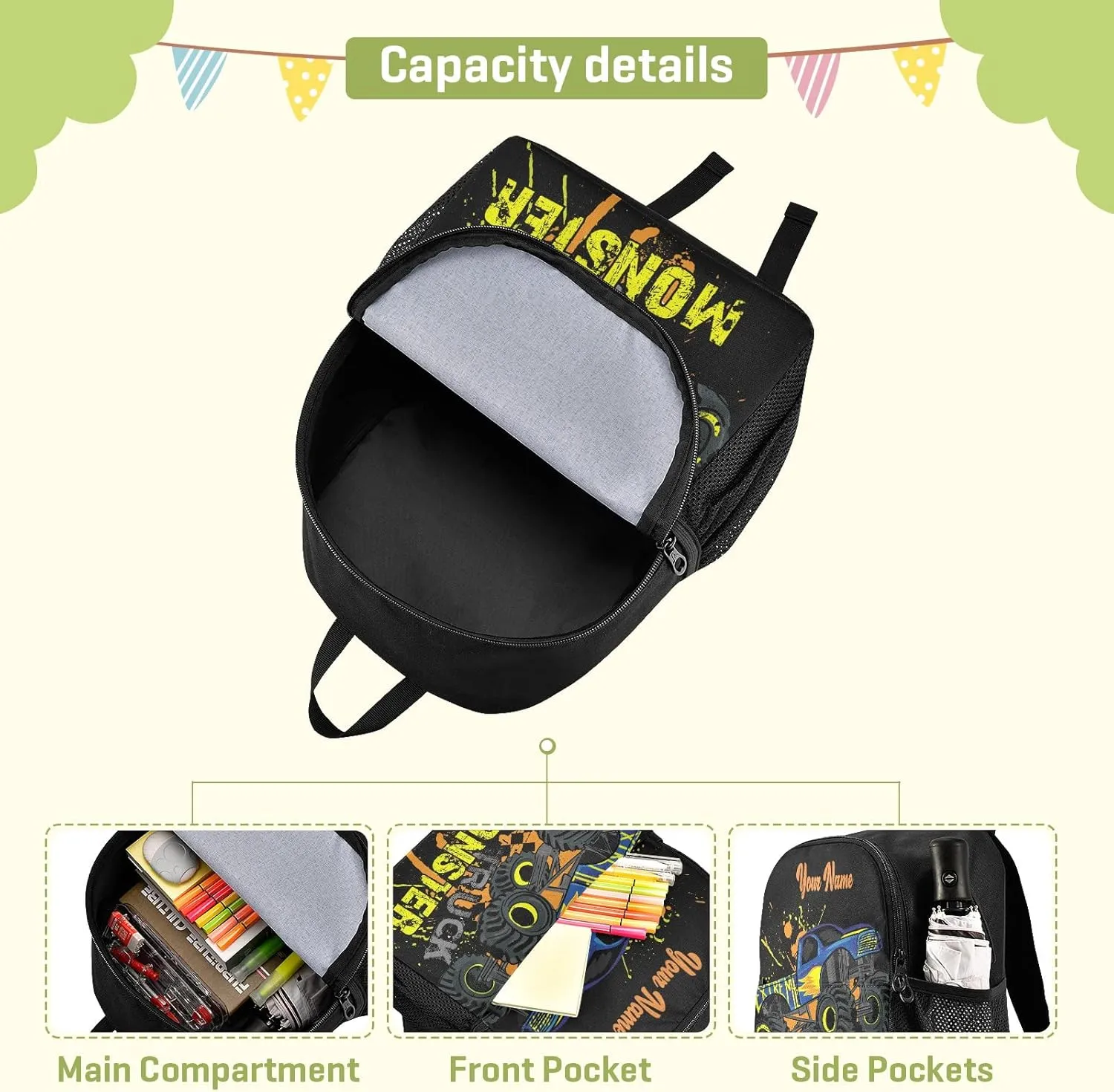 Personalized Monster Truck Kids Backpacks for Boys Preschool Backpack Light School Travel Backpacks with Name