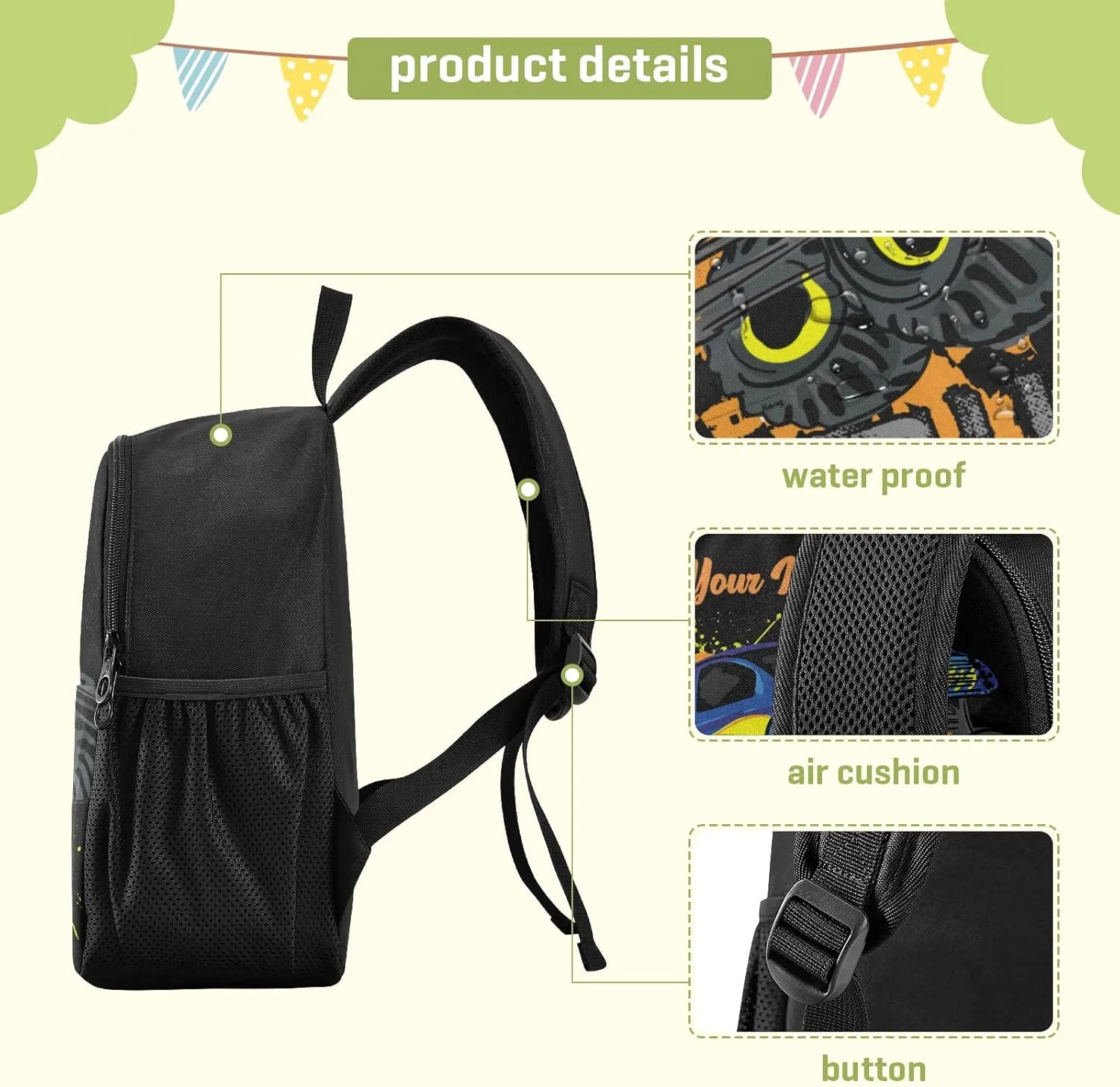 Personalized Monster Truck Kids Backpacks for Boys Preschool Backpack Light School Travel Backpacks with Name