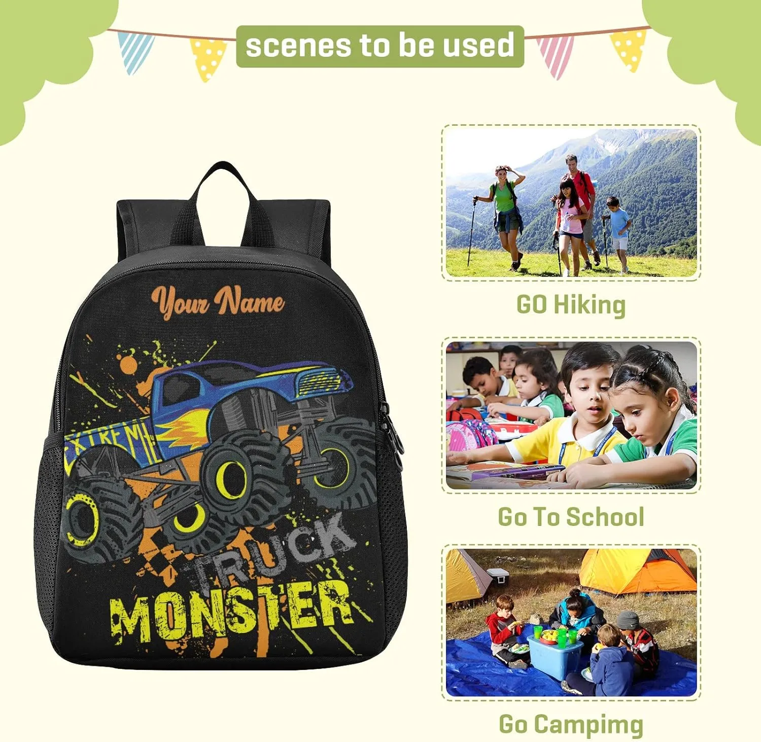 Personalized Monster Truck Kids Backpacks for Boys Preschool Backpack Light School Travel Backpacks with Name