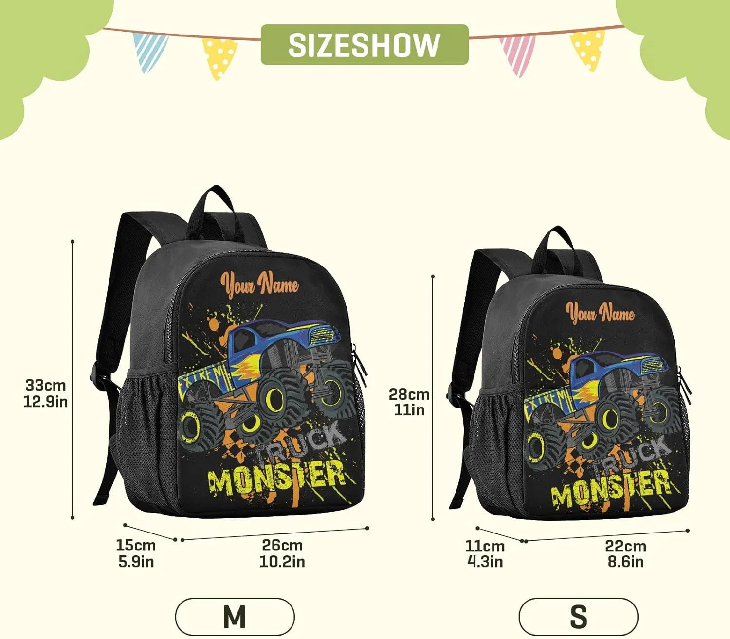 Personalized Monster Truck Kids Backpacks for Boys Preschool Backpack Light School Travel Backpacks with Name