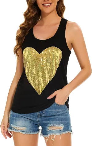PESION Womens Sparkly Sequin Tank Tops Sleeveless Scoop Neck Loose Fit Workout Shirts Racerback Tees Tops Shirts
