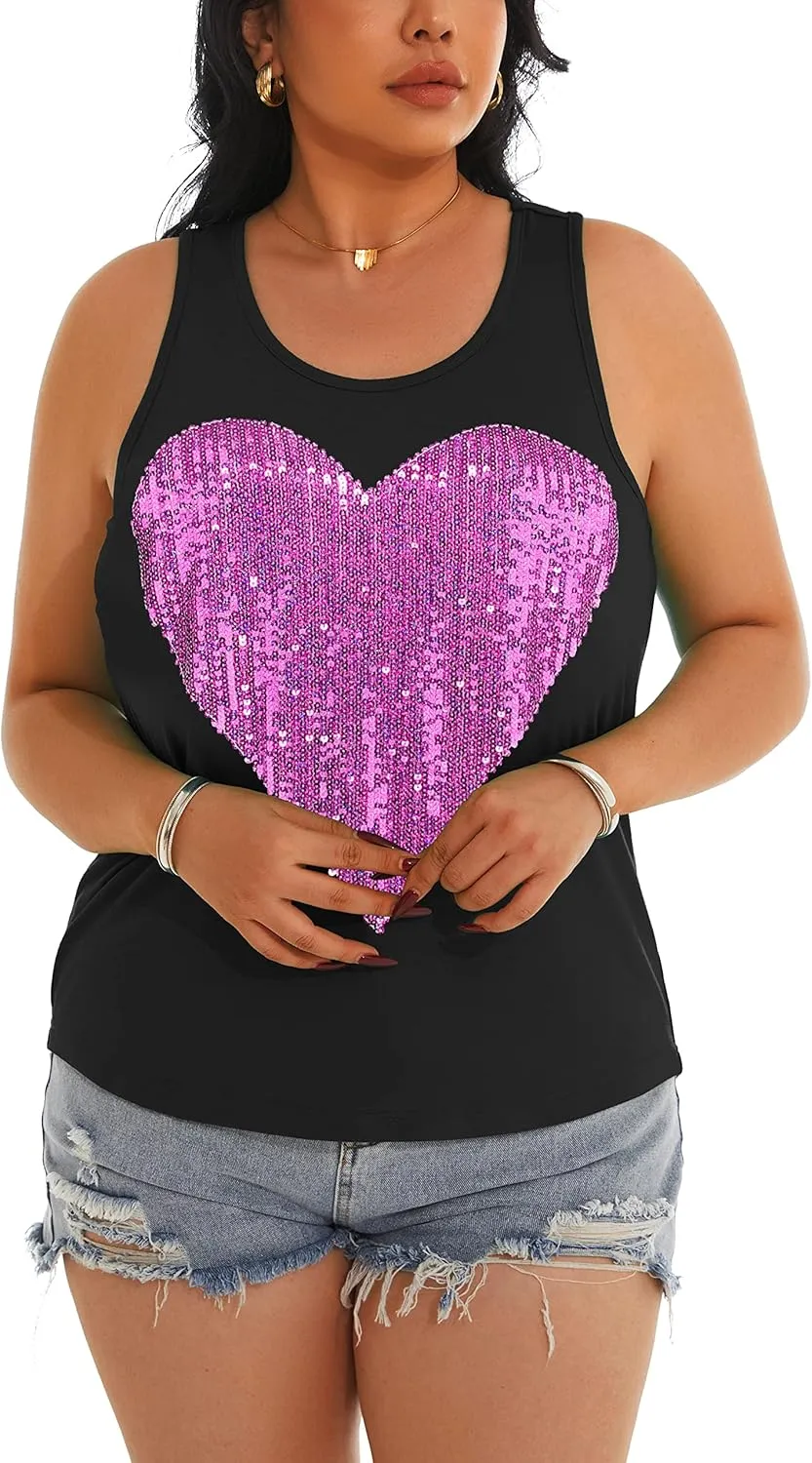 PESION Womens Sparkly Sequin Tank Tops Sleeveless Scoop Neck Loose Fit Workout Shirts Racerback Tees Tops Shirts