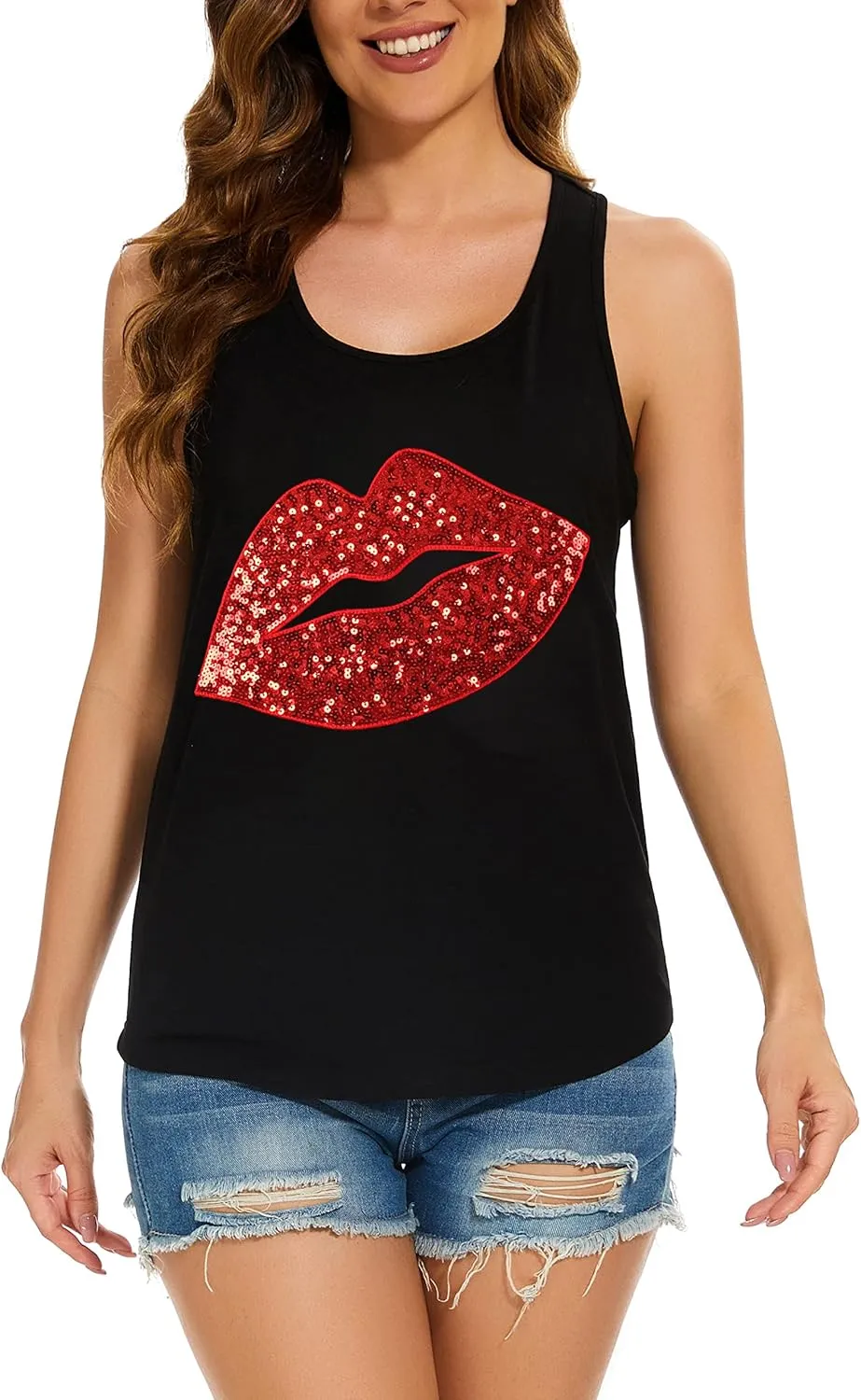 PESION Womens Sparkly Sequin Tank Tops Sleeveless Scoop Neck Loose Fit Workout Shirts Racerback Tees Tops Shirts