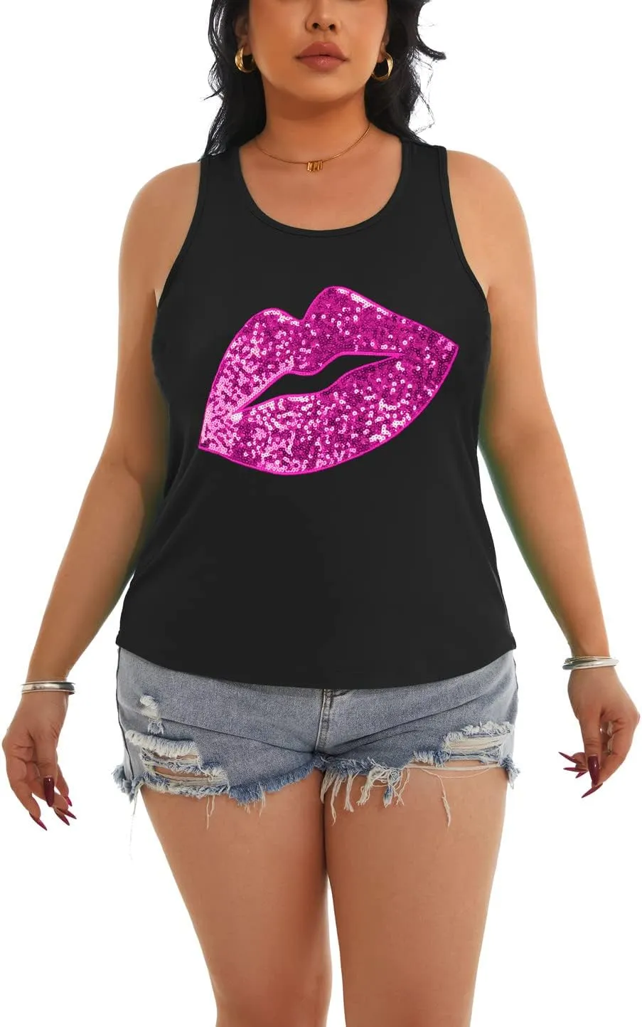PESION Womens Sparkly Sequin Tank Tops Sleeveless Scoop Neck Loose Fit Workout Shirts Racerback Tees Tops Shirts