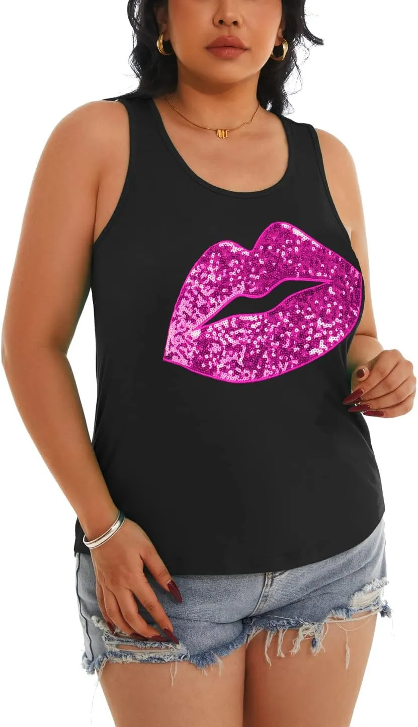 PESION Womens Sparkly Sequin Tank Tops Sleeveless Scoop Neck Loose Fit Workout Shirts Racerback Tees Tops Shirts