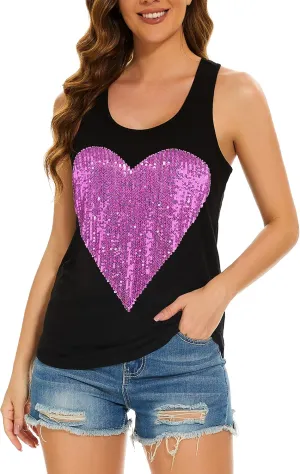 PESION Womens Sparkly Sequin Tank Tops Sleeveless Scoop Neck Loose Fit Workout Shirts Racerback Tees Tops Shirts