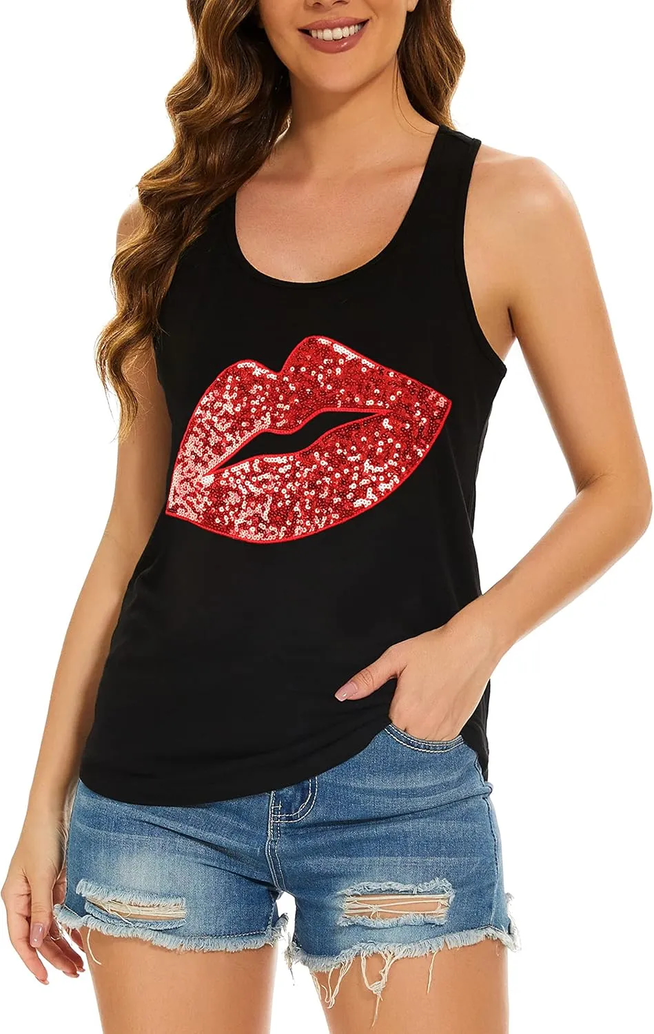 PESION Womens Sparkly Sequin Tank Tops Sleeveless Scoop Neck Loose Fit Workout Shirts Racerback Tees Tops Shirts