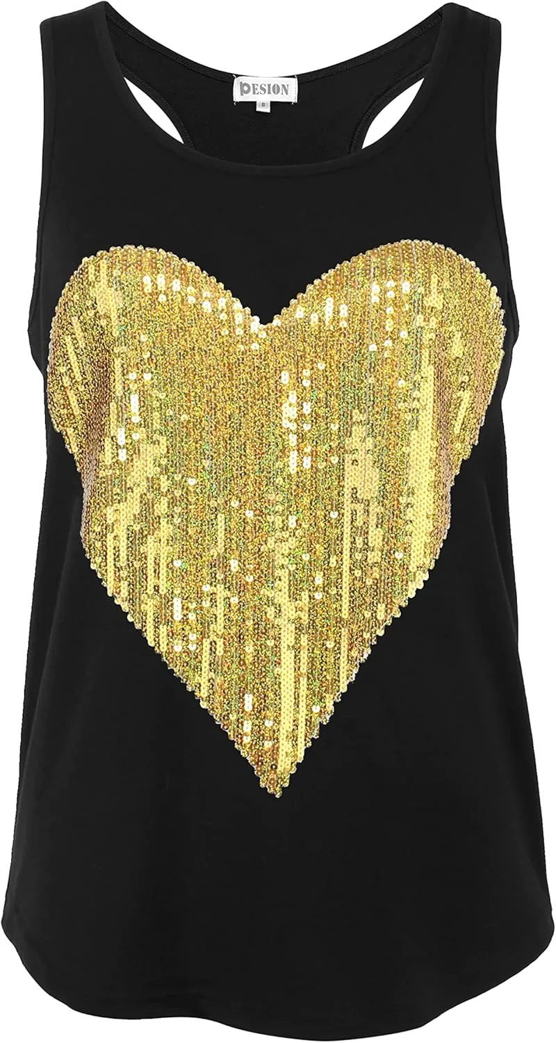 PESION Womens Sparkly Sequin Tank Tops Sleeveless Scoop Neck Loose Fit Workout Shirts Racerback Tees Tops Shirts